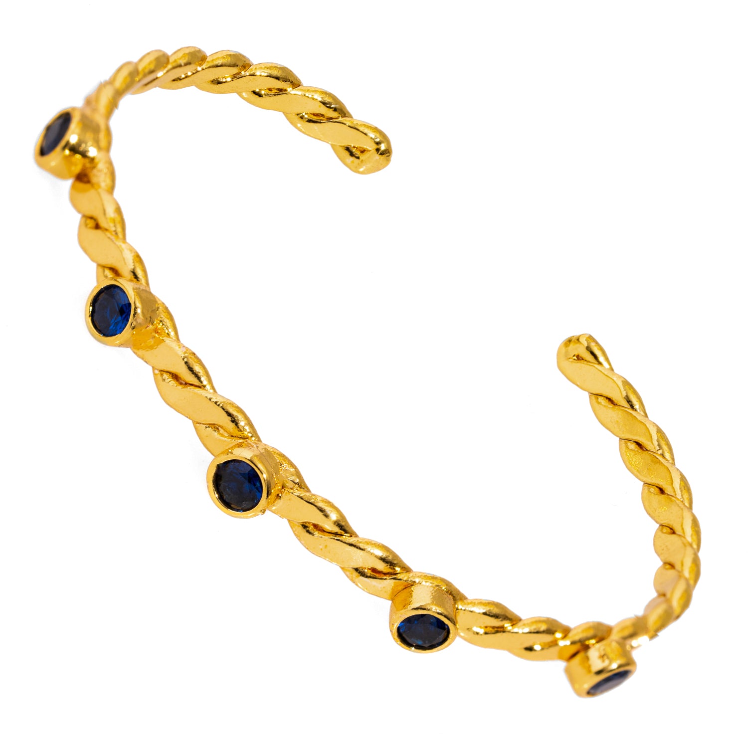 Handcrafted 24K Gold Cuff Bracelet with Sapphire Stones for Understated Luxury