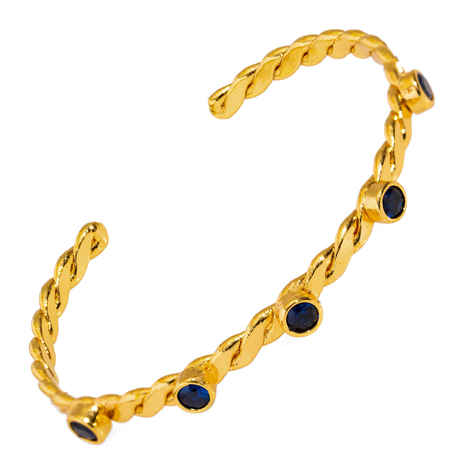 Gold-Plated Twisted Cuff Bracelet with Sapphire Stones for a Refined, Luxurious Look