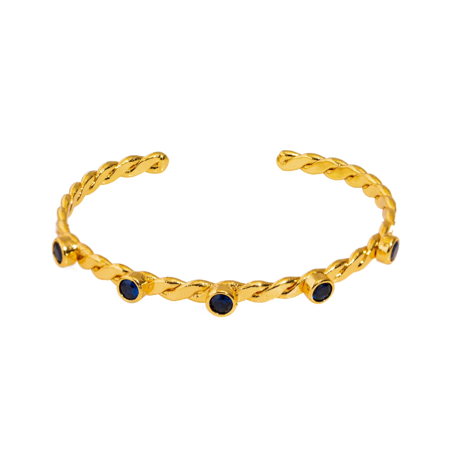 24K Gold-Plated Twisted Cuff Bracelet with Sapphire Stones for Elegant Sophistication