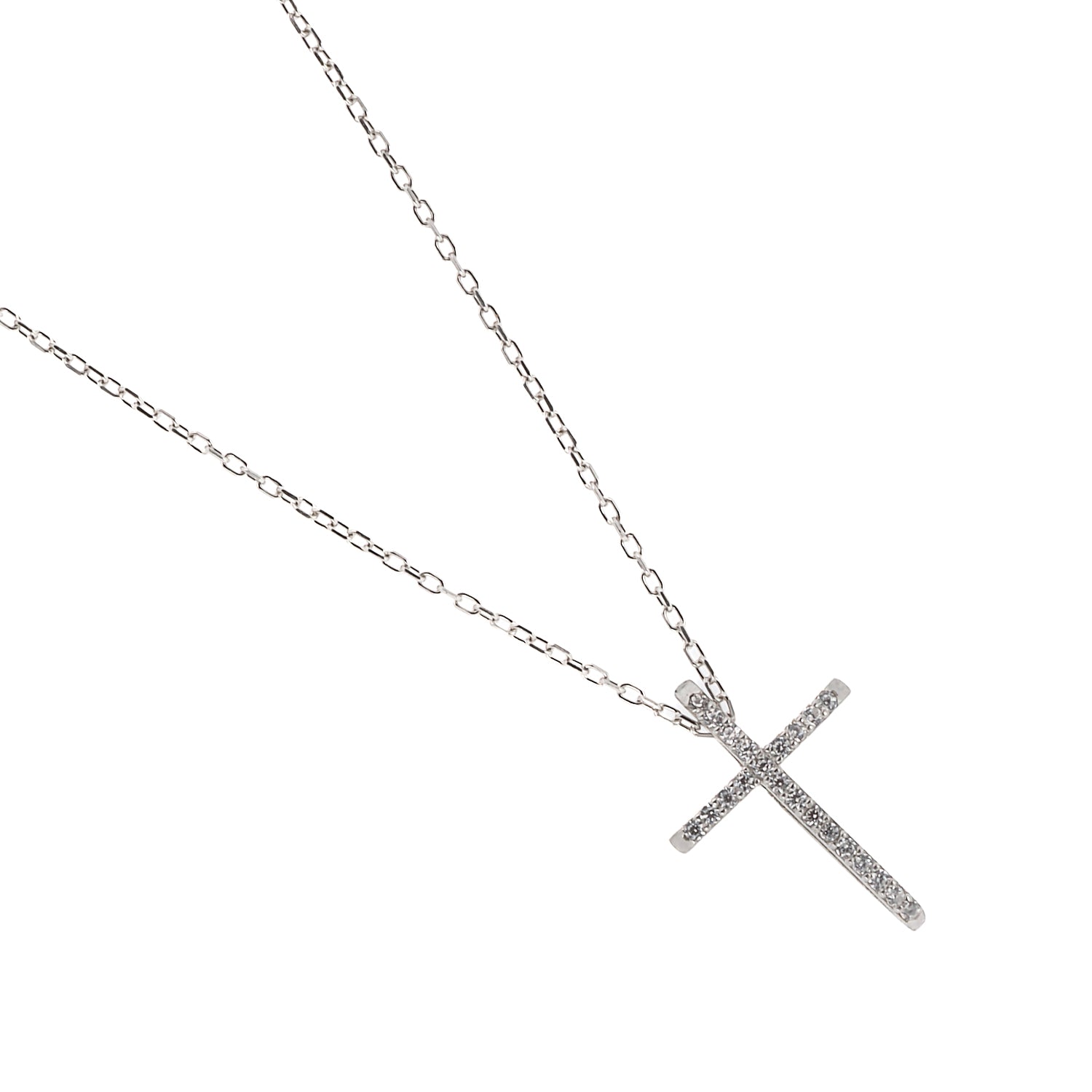 A detailed shot of the CZ diamond-adorned cross pendant on the Unique Cross Diamond Necklace.