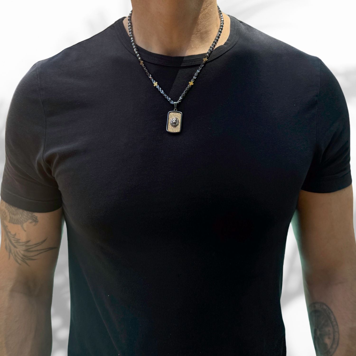 Sterling Silver Lion Pendant Hematite Stone Beaded Men's Necklace