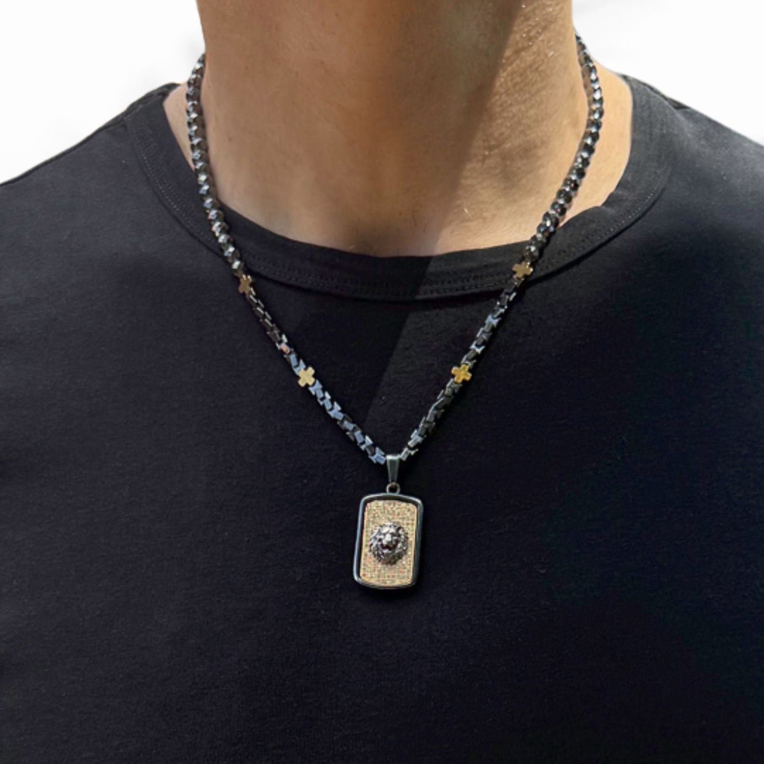 Sterling Silver Lion Pendant Hematite Stone Beaded Men's Necklace