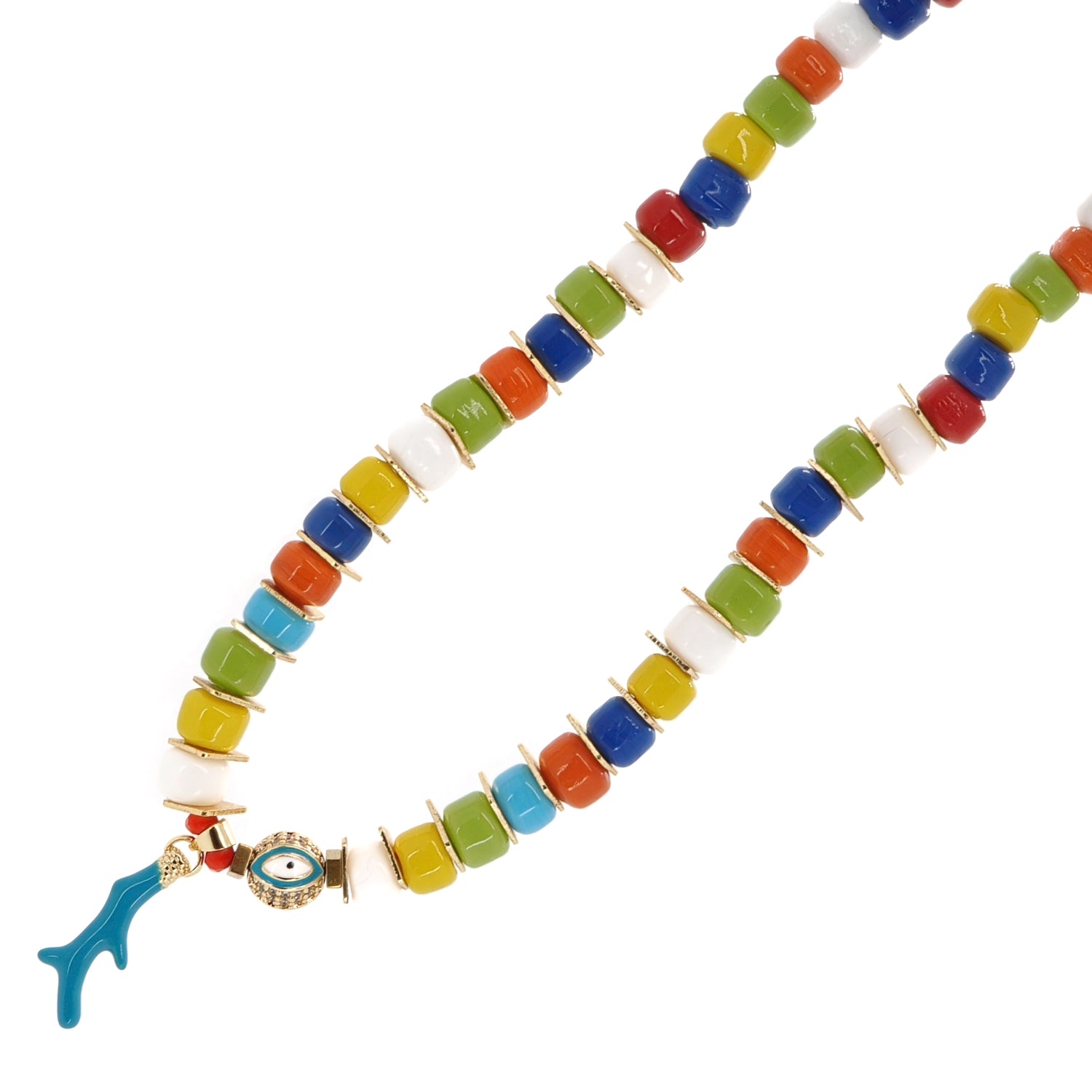 Bold Multicolor Glass Beads Choker Necklace with 18K Gold-Plated Evil Eye Pendant and Protective Zircon Stones
