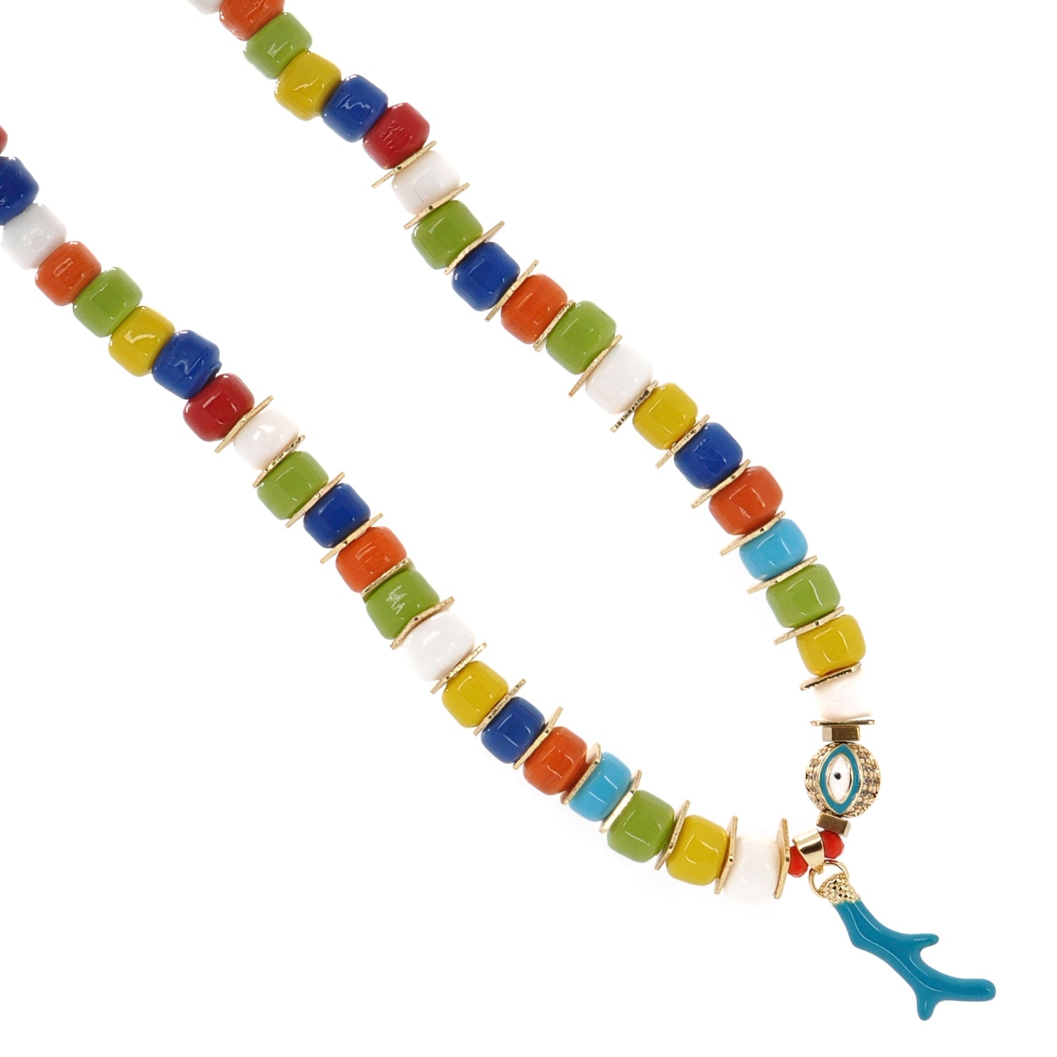 Colorful Evil Eye Choker Necklace with Multicolor Glass Beads and Gold-Plated Pendant with Zircon Stones