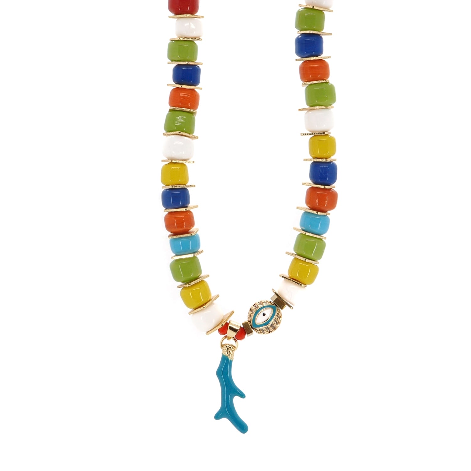 Vibrant Multicolor Glass Beads Choker Necklace with 18K Gold-Plated Evil Eye Bead for Style and Protection