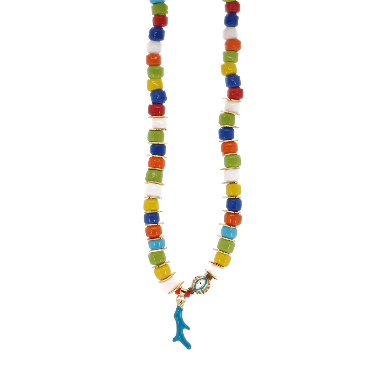 Energy-Infused Multicolor Glass Beads Choker Necklace with Gold-Plated Evil Eye Charm and Shimmering Zircons