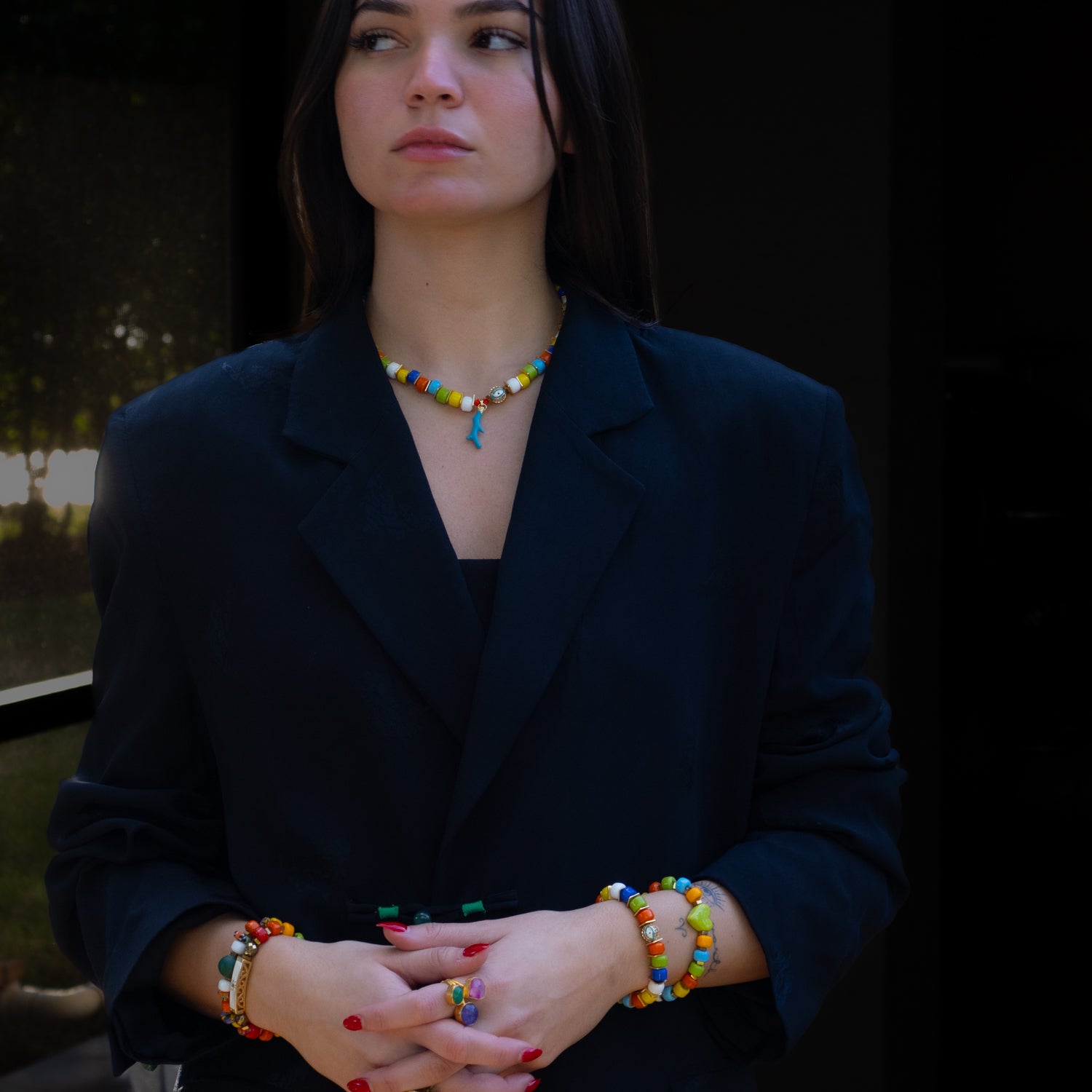 Mystic Energy Choker Necklace with Vibrant Multicolor Glass Beads and 18K Gold-Plated Evil Eye Charm