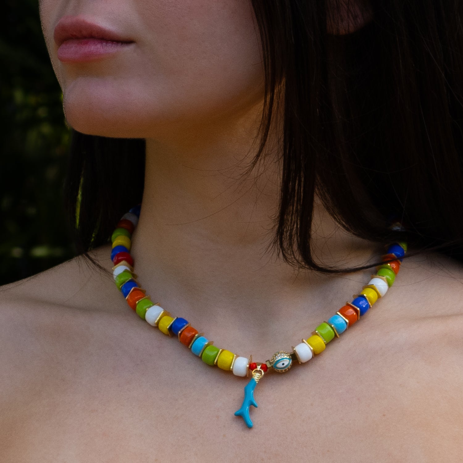 Vibrant Multicolor Glass Beads Choker Necklace with 18K Gold-Plated Evil Eye Pendant and Blue Enamel Charm