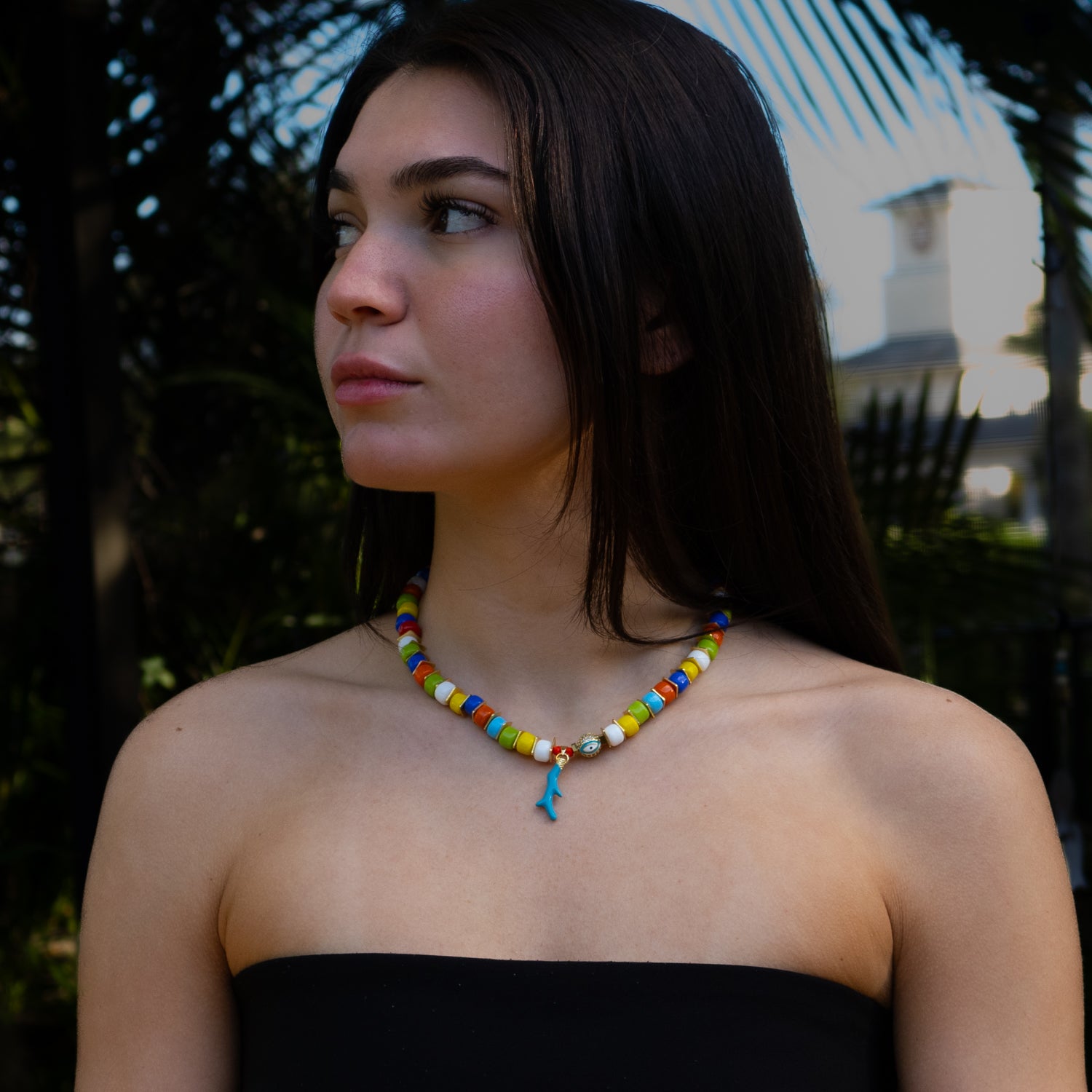 Chunky Multicolor Glass Beads Choker Necklace with 18K Gold-Plated Evil Eye Pendant for Protection and Style