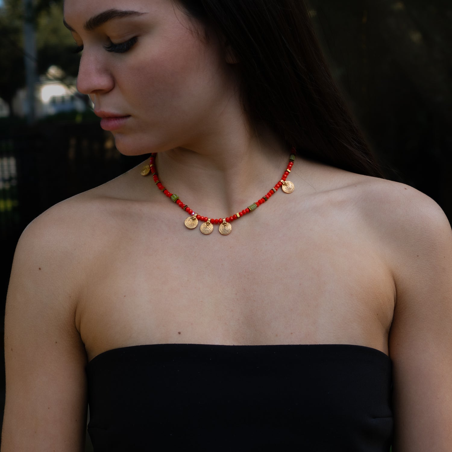 Boho Gold Spiral Charm Choker Necklace with Orange Crystal and Green African Beads for Positive Energy