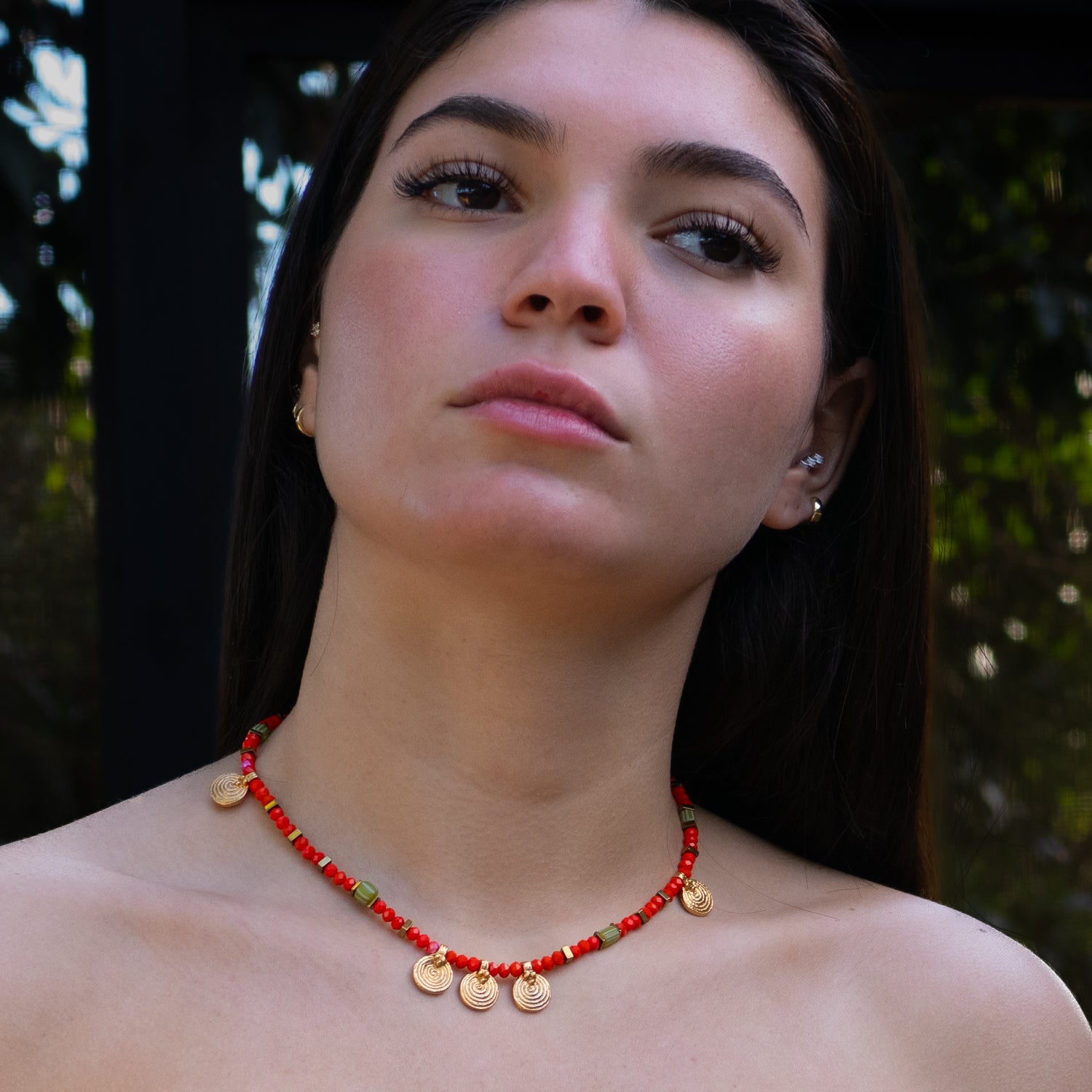 Colorful Handmade Gold Spiral Charm Choker Necklace with Orange Crystal and Green African Beads for Energy