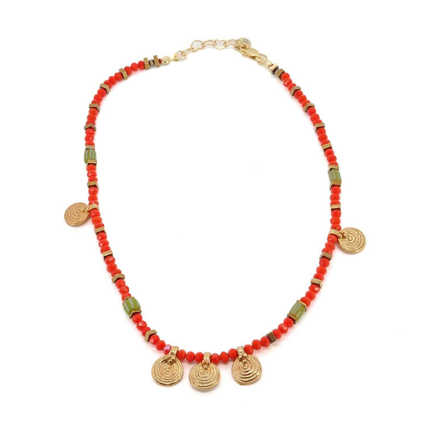 18K Gold-Plated Spiral Charms Choker Necklace with Orange Crystal Beads and Green African Beads for a Radiant Look