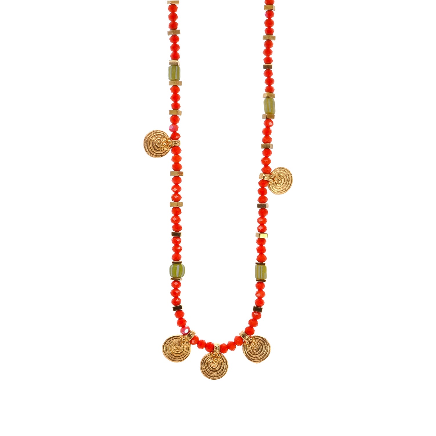 Bohemian-Inspired Gold Spiral Charm Necklace with Orange and Green Beads for a Stylish, Positive Vibe