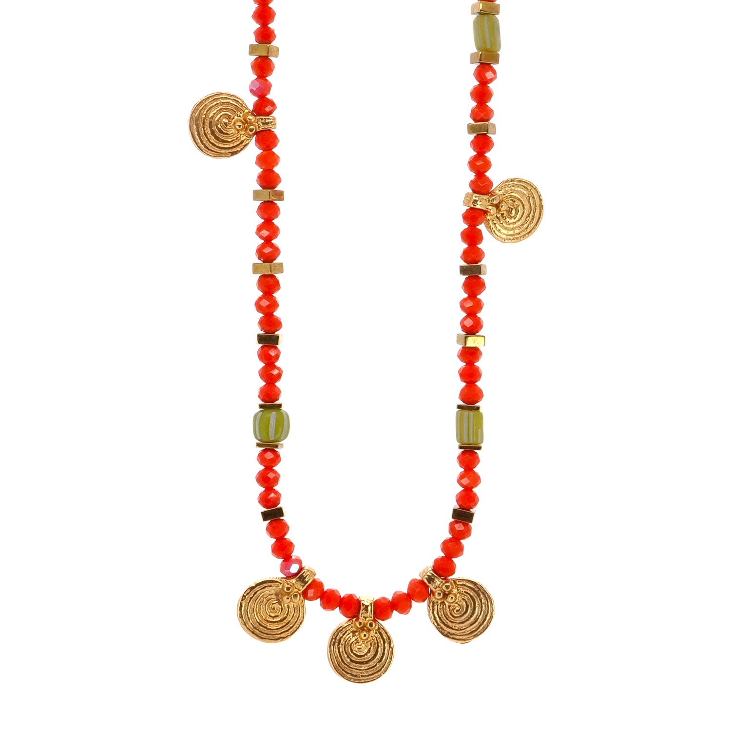 Vibrant Energy Beaded Choker Necklace with Gold Spiral Charms, Orange Crystals, and Green African Beads