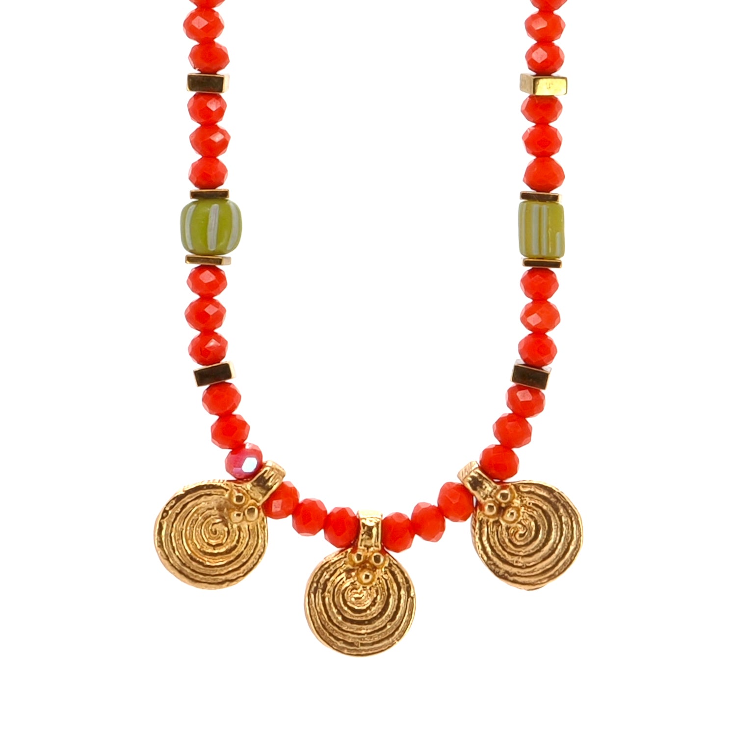 Handmade Vibrant Energy Gold Spiral Charm Choker Necklace with Orange Crystal Beads and Green African Beads