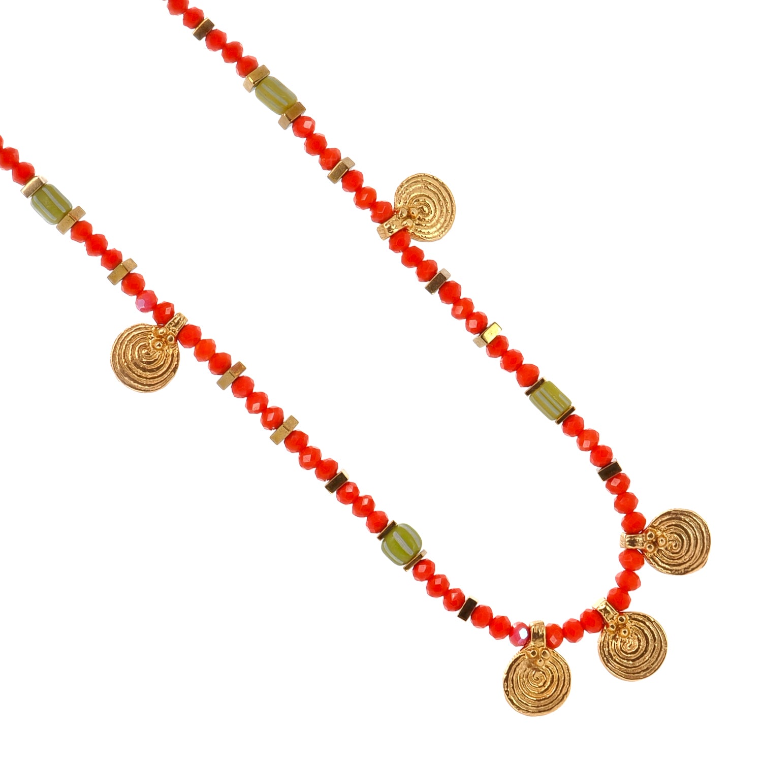 Handcrafted Vibrant Energy Choker Necklace with 18K Gold Spiral Charms and Orange Crystal Beads for Style