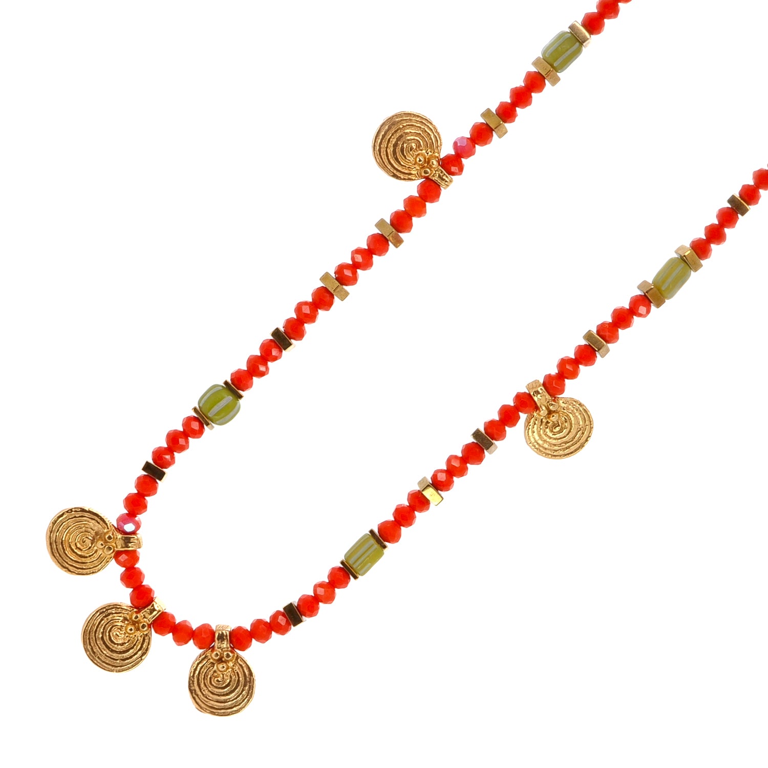 Choker Necklace with Gold Spiral Charms, Orange Crystals, and Green African Beads for a Bright and Bold Look