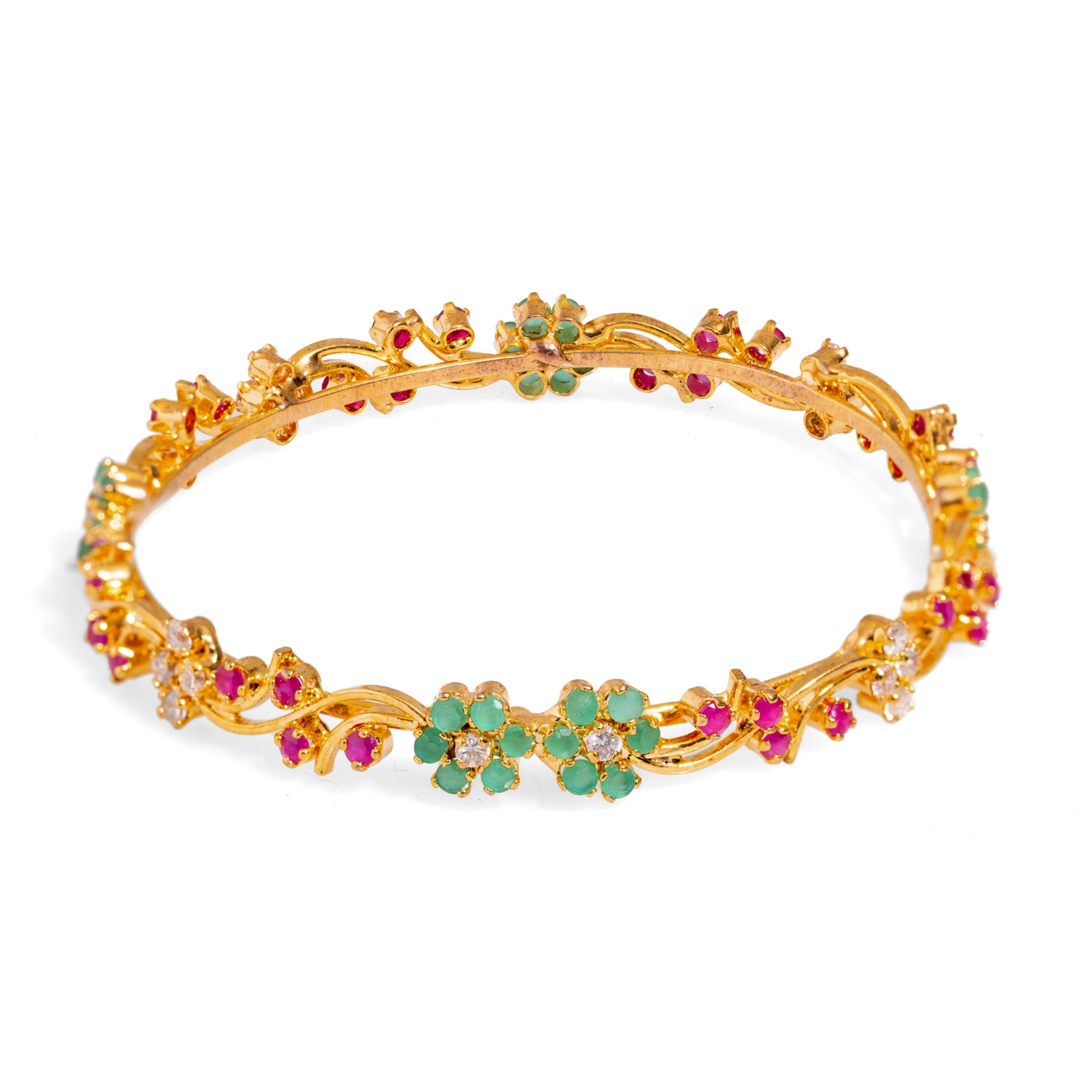 Victorian Floral Bangle Bracelet with Emerald, Ruby, and Diamonds for a Chic, Elegant Statement