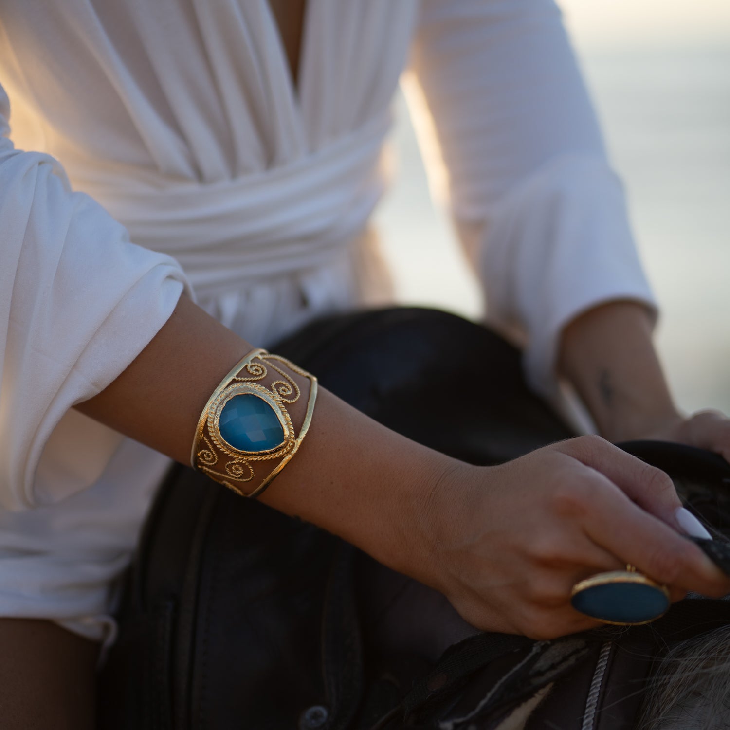 Vintage Blue Cat Eye Chunky Cuff Bracelet