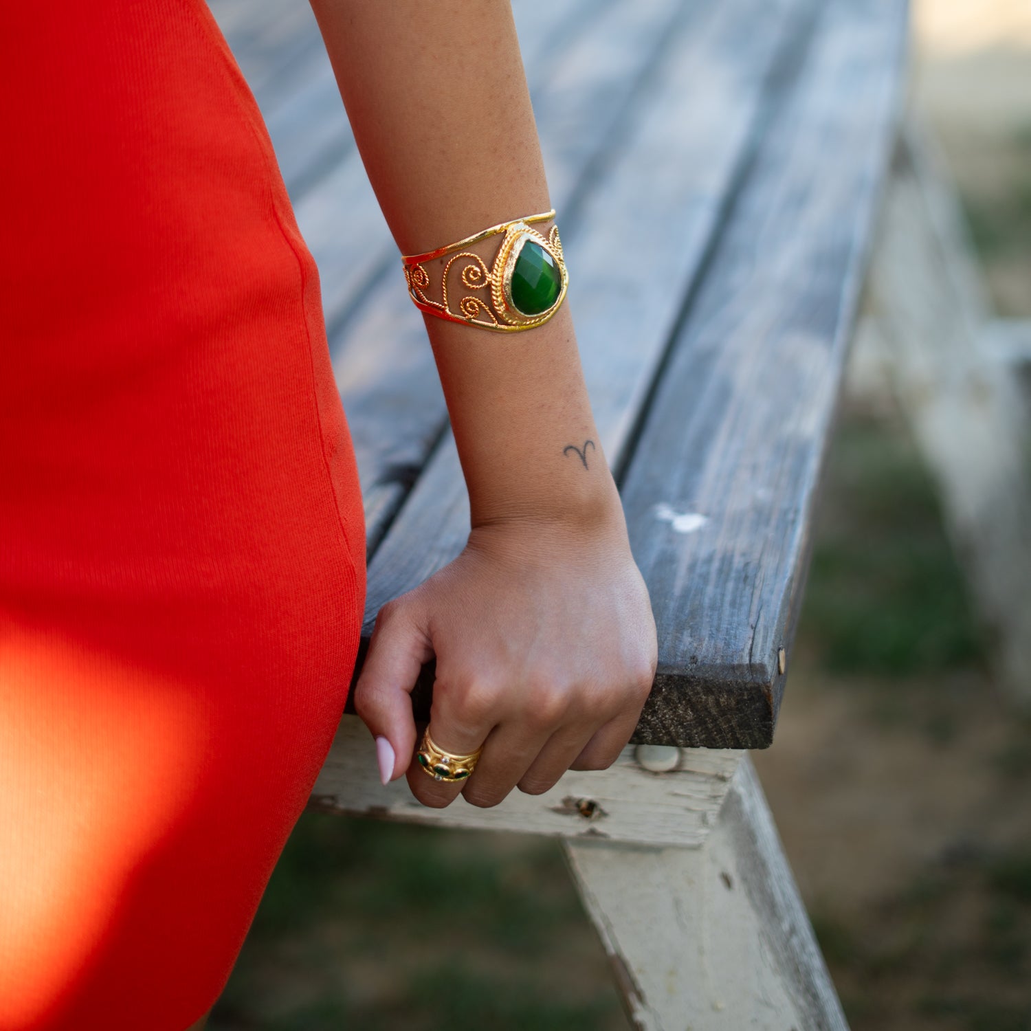 Vintage Green Cat Eye Chunky Cuff Bracelet