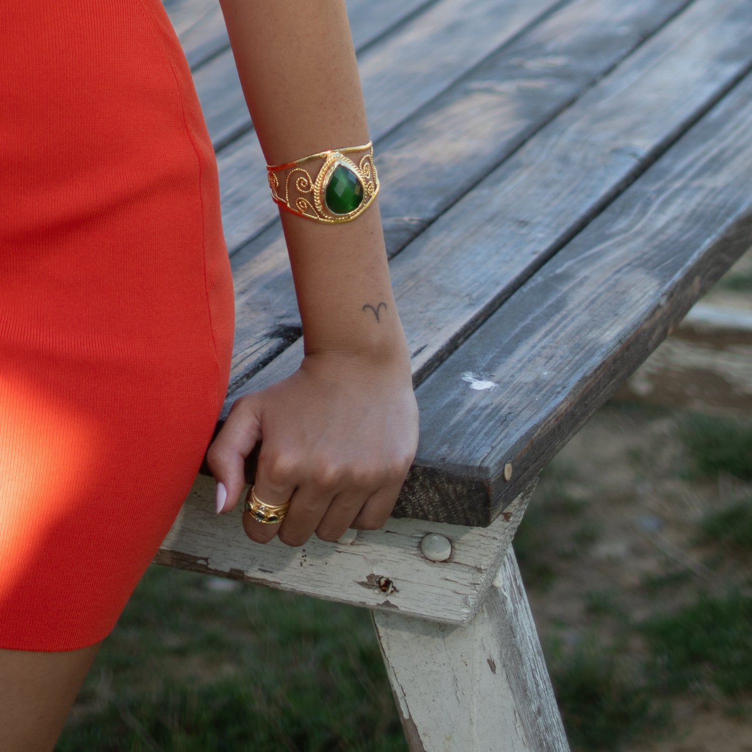 Vintage Green Cat Eye Chunky Cuff Bracelet