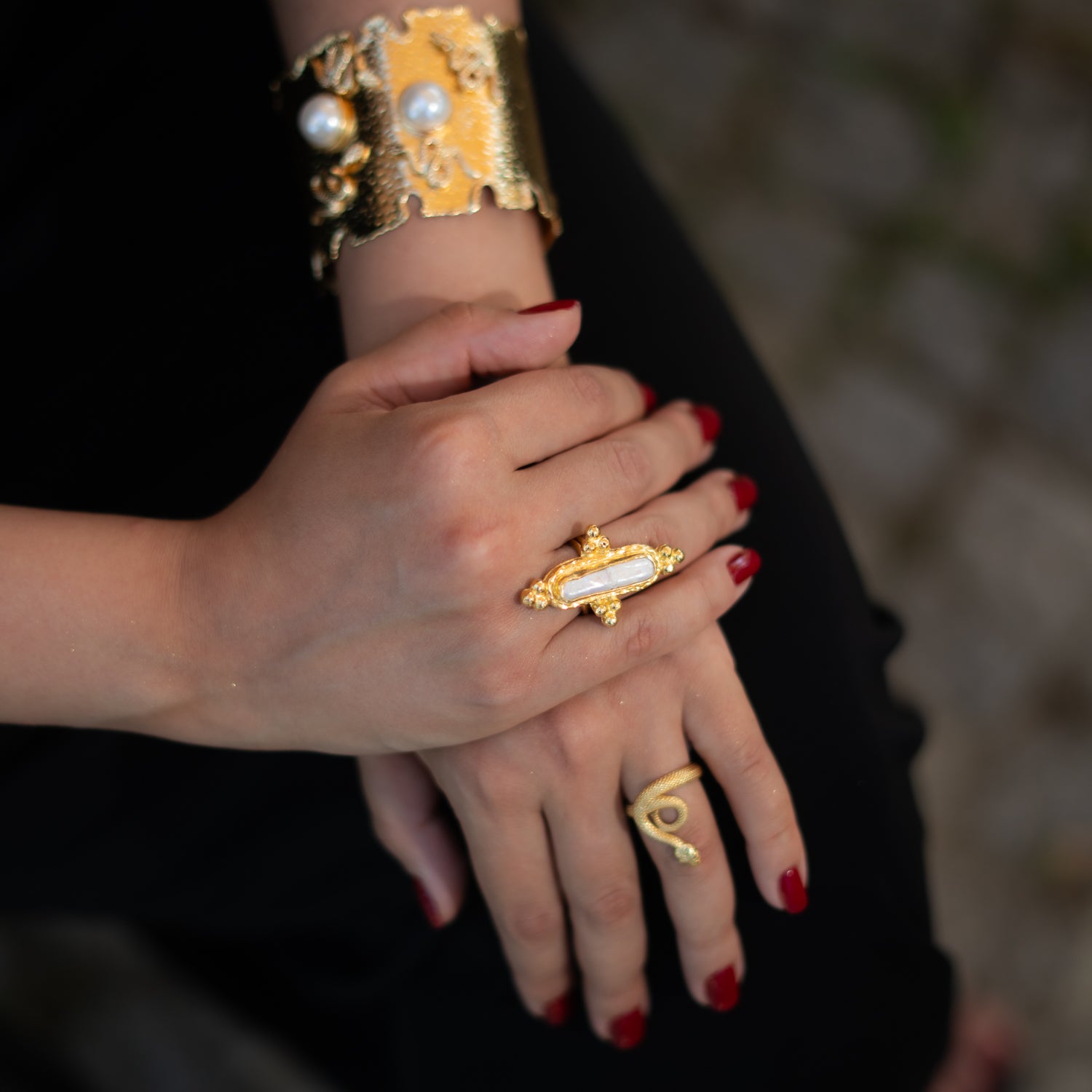 Vintage Pearl Gold Statement Adjustable Ring