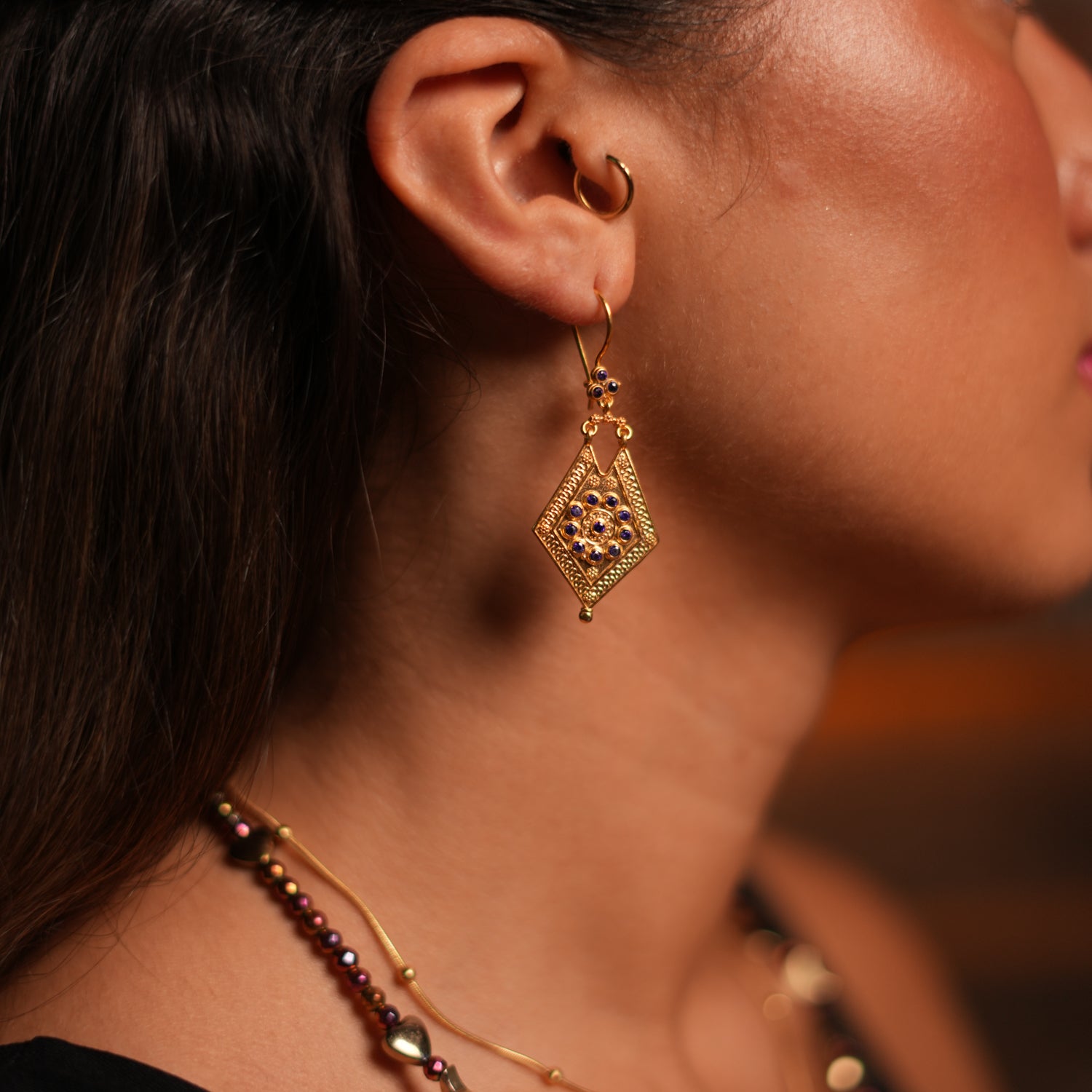 Handcrafted 24K Gold Dangle Earrings with Amethyst Stones for Refined, Vintage Style