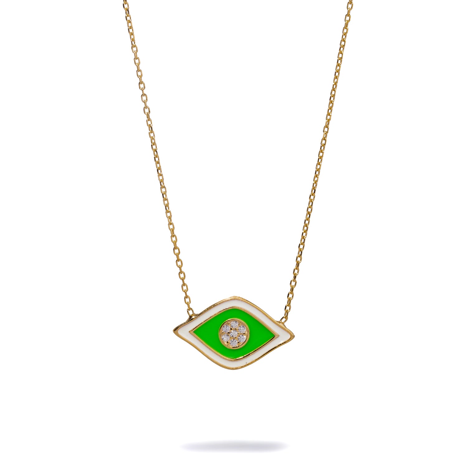 Gold Necklace with Green and White Enamel Evil Eye Pendant and Sparkling Diamond for Protection and Positivity