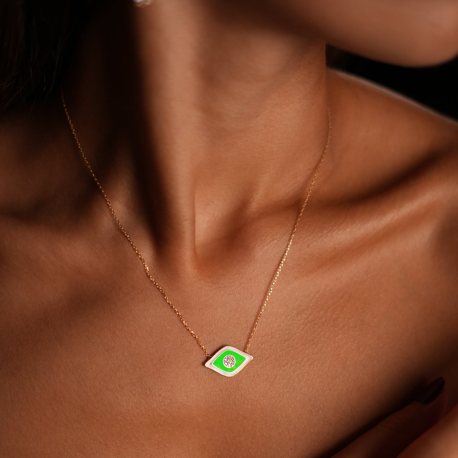 18K Gold-Plated Necklace with Green Enamel Evil Eye and Diamond Pupil for Luck and Spiritual Energy