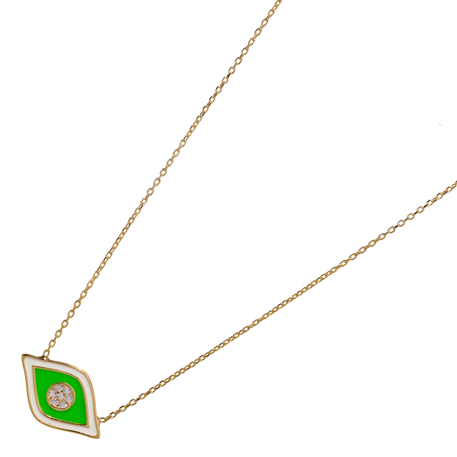 Handmade 18K Gold Necklace with Green Enamel Evil Eye and Diamond for Protection and Positive Vibes