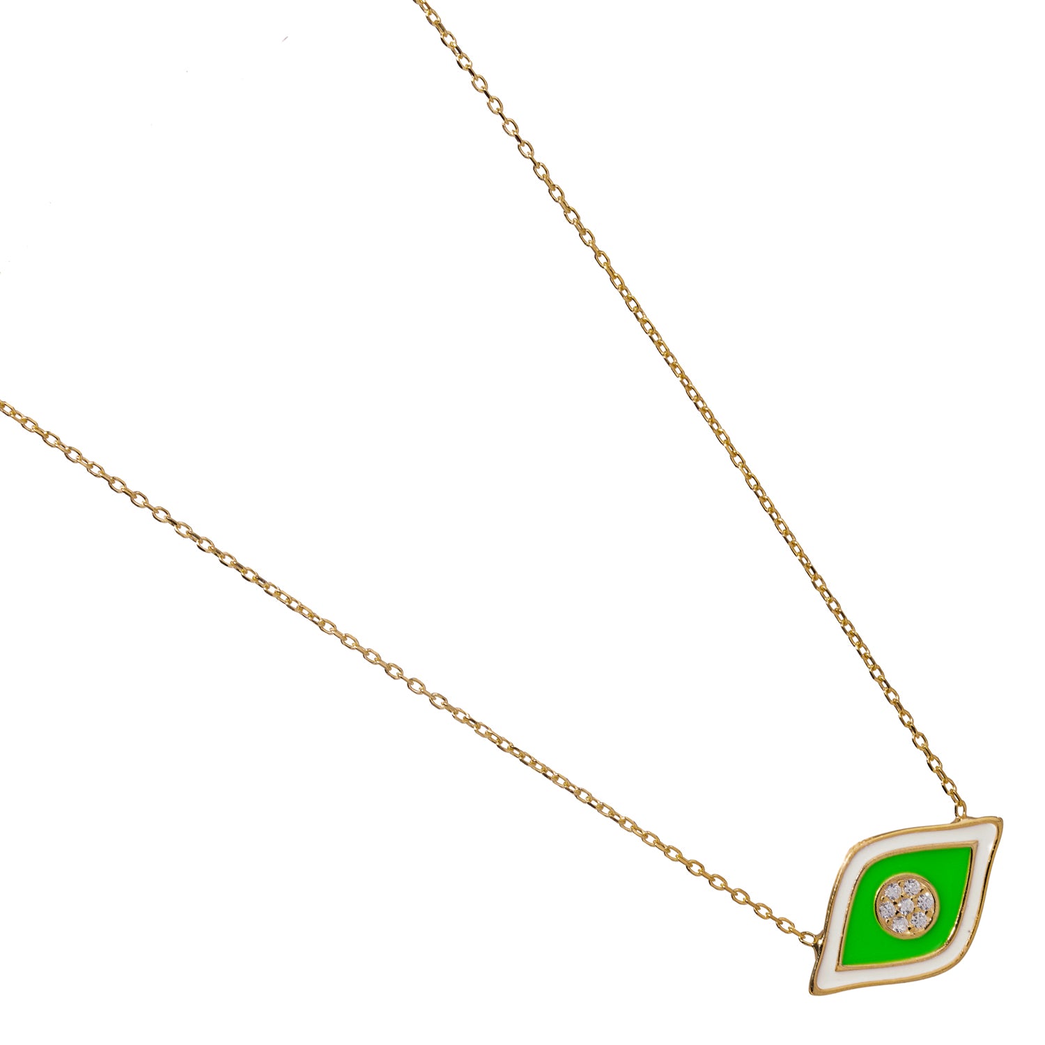 Vivid Green Enamel Evil Eye Pendant Necklace with Diamond Pupil for Luck and Spiritual Comfort