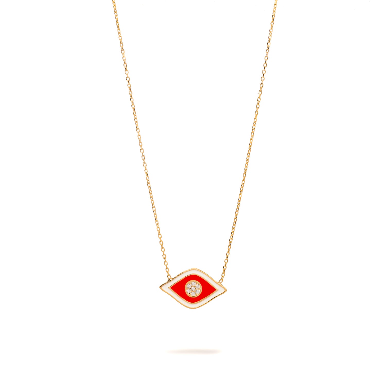 Gold Vermeil Necklace with Orange Enamel Evil Eye and Diamond for Protection, Positivity, and Style