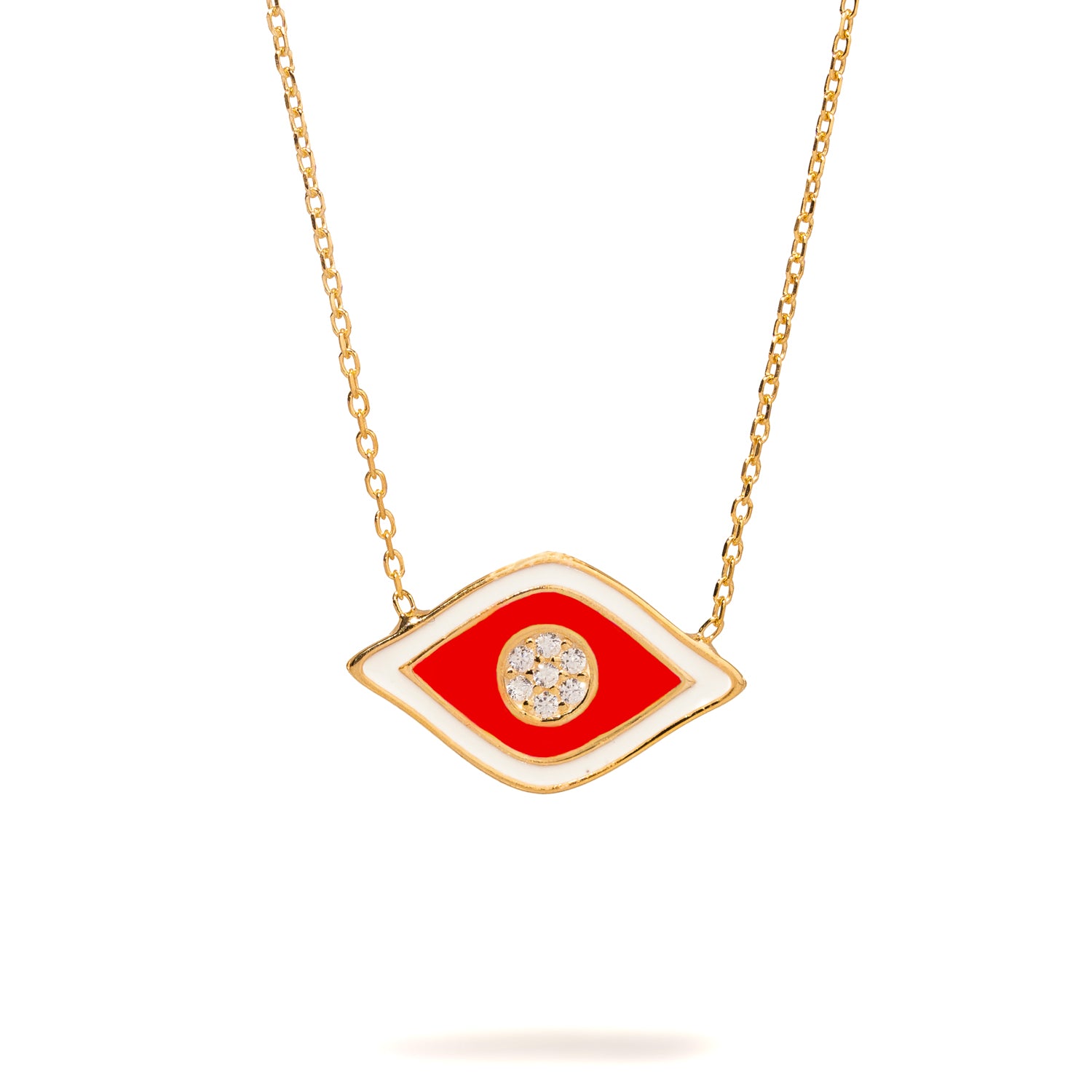 Gold Necklace with Orange Enamel Evil Eye and Diamond for Good Fortune and Positive Energy