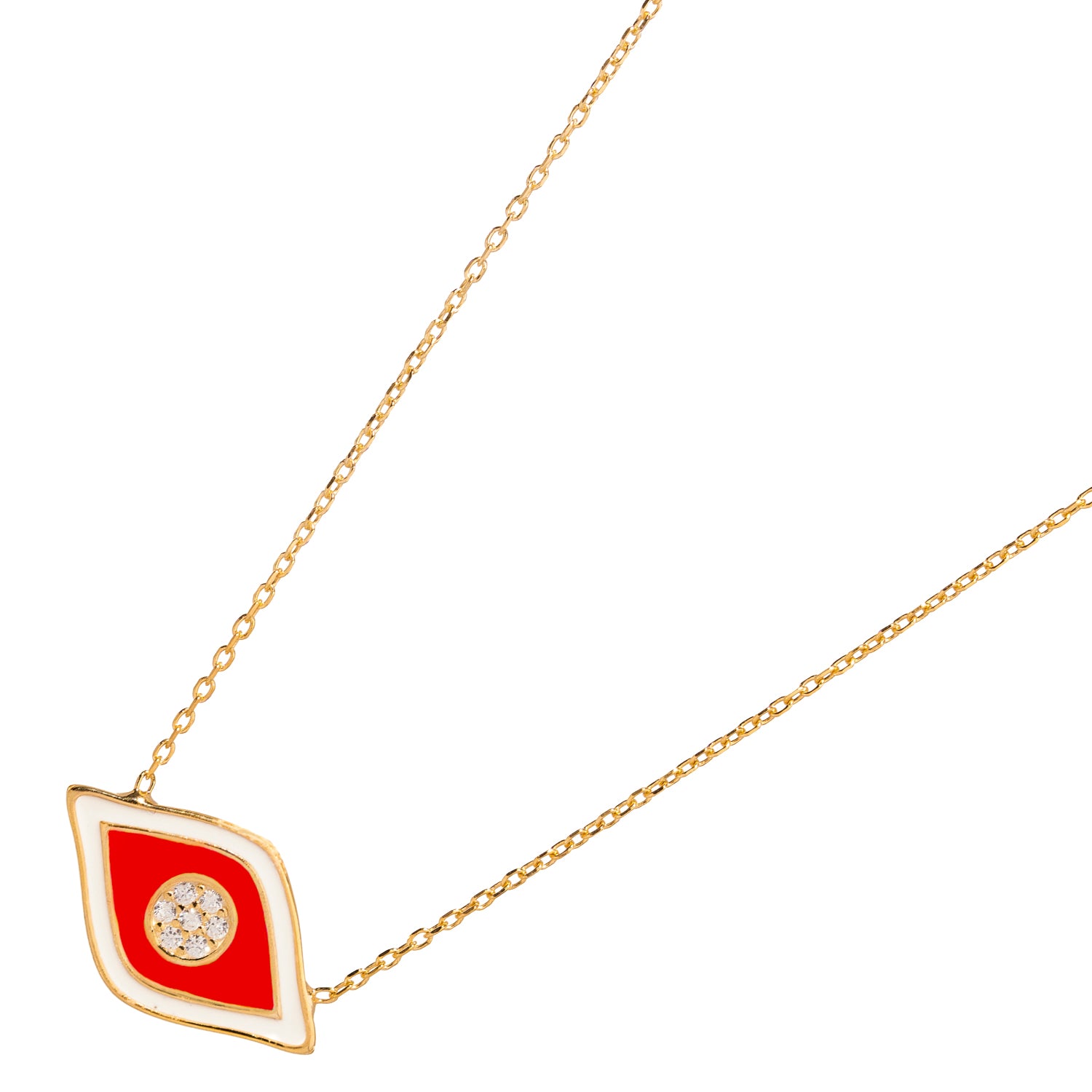 Gold Necklace with Orange Enamel Evil Eye and Diamond for a Stylish Symbol of Protection and Luck