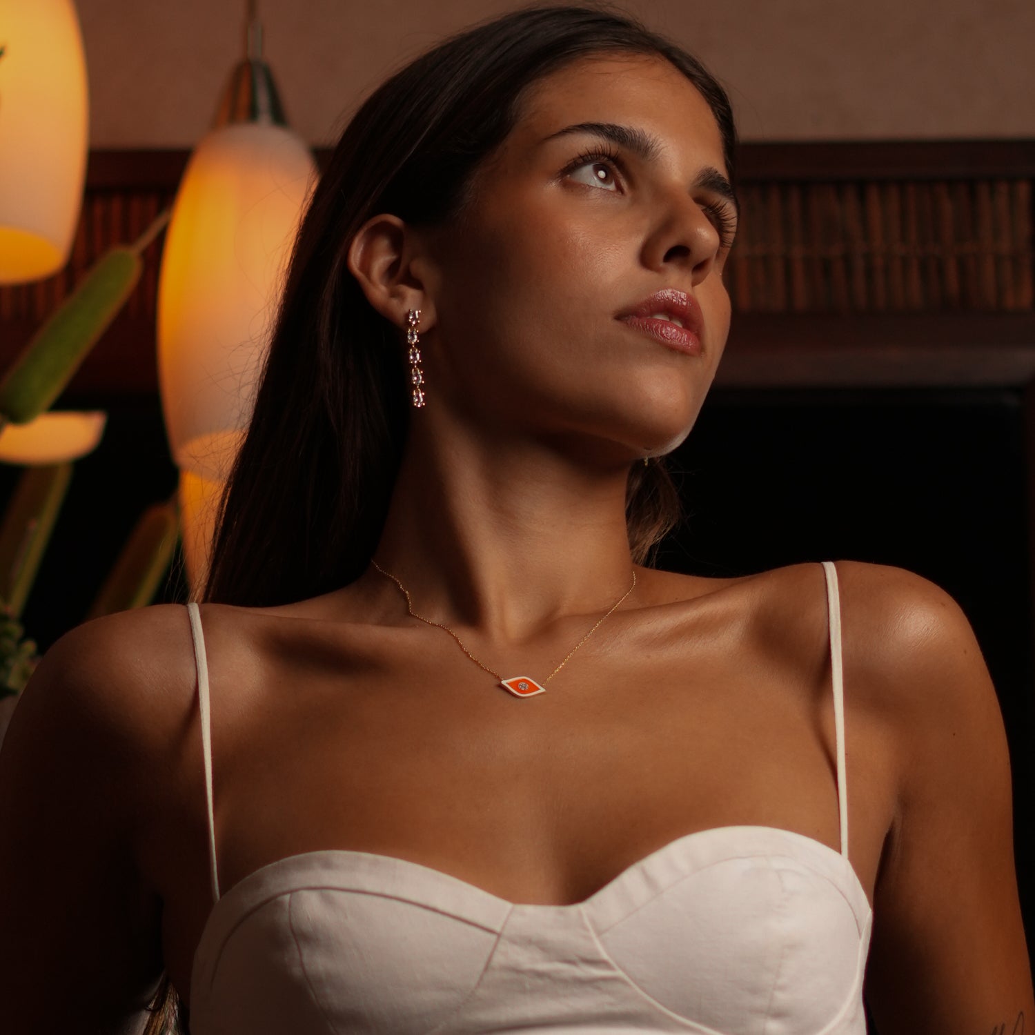 18K Gold-Plated Necklace with Orange Enamel Evil Eye Pendant and Diamond for Spiritual Protection