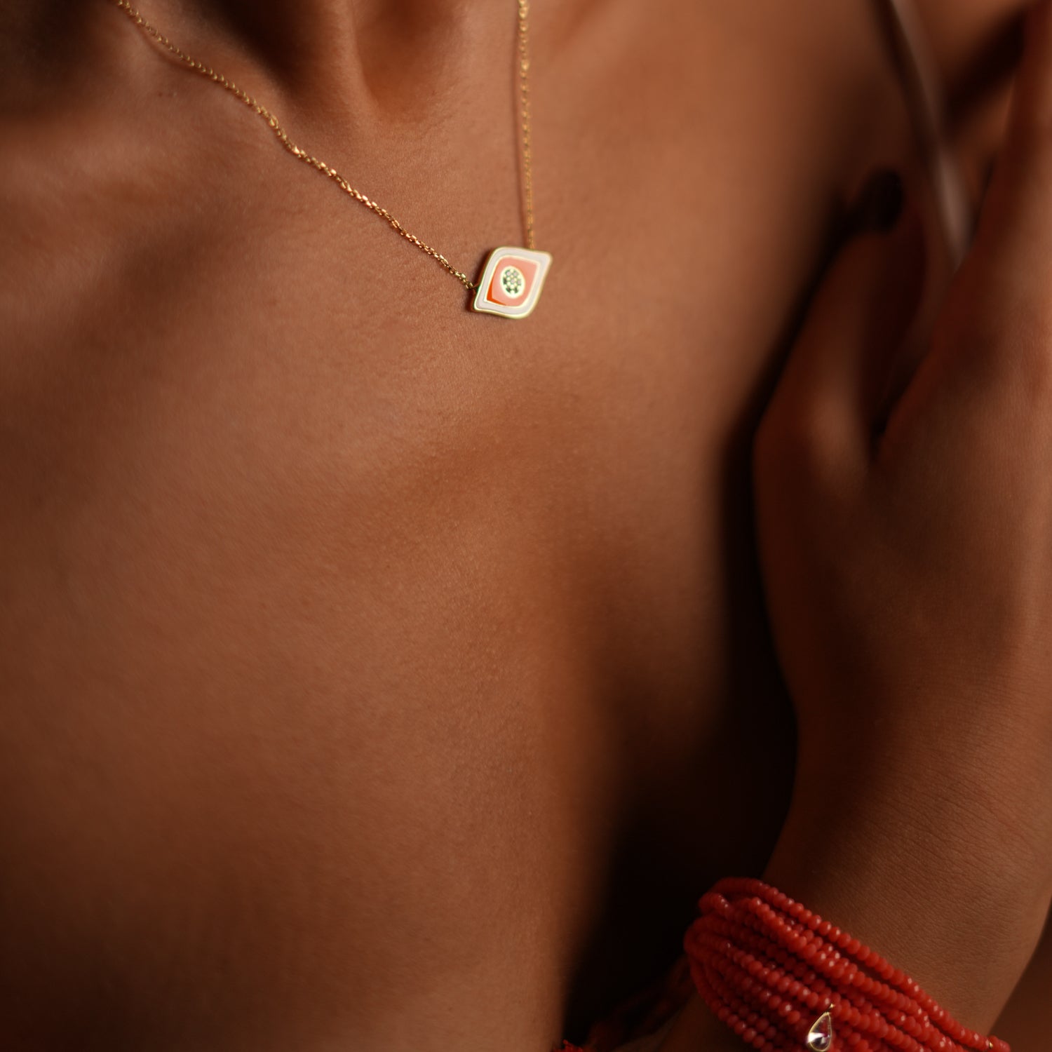 Orange Enamel Evil Eye Necklace with Diamond in 18K Gold for Protection, Spiritual Meaning, and Style