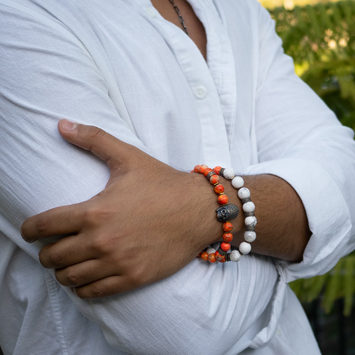 Warrior Soul Bronze Indian Chief & Jasper Beaded Bracelet Set