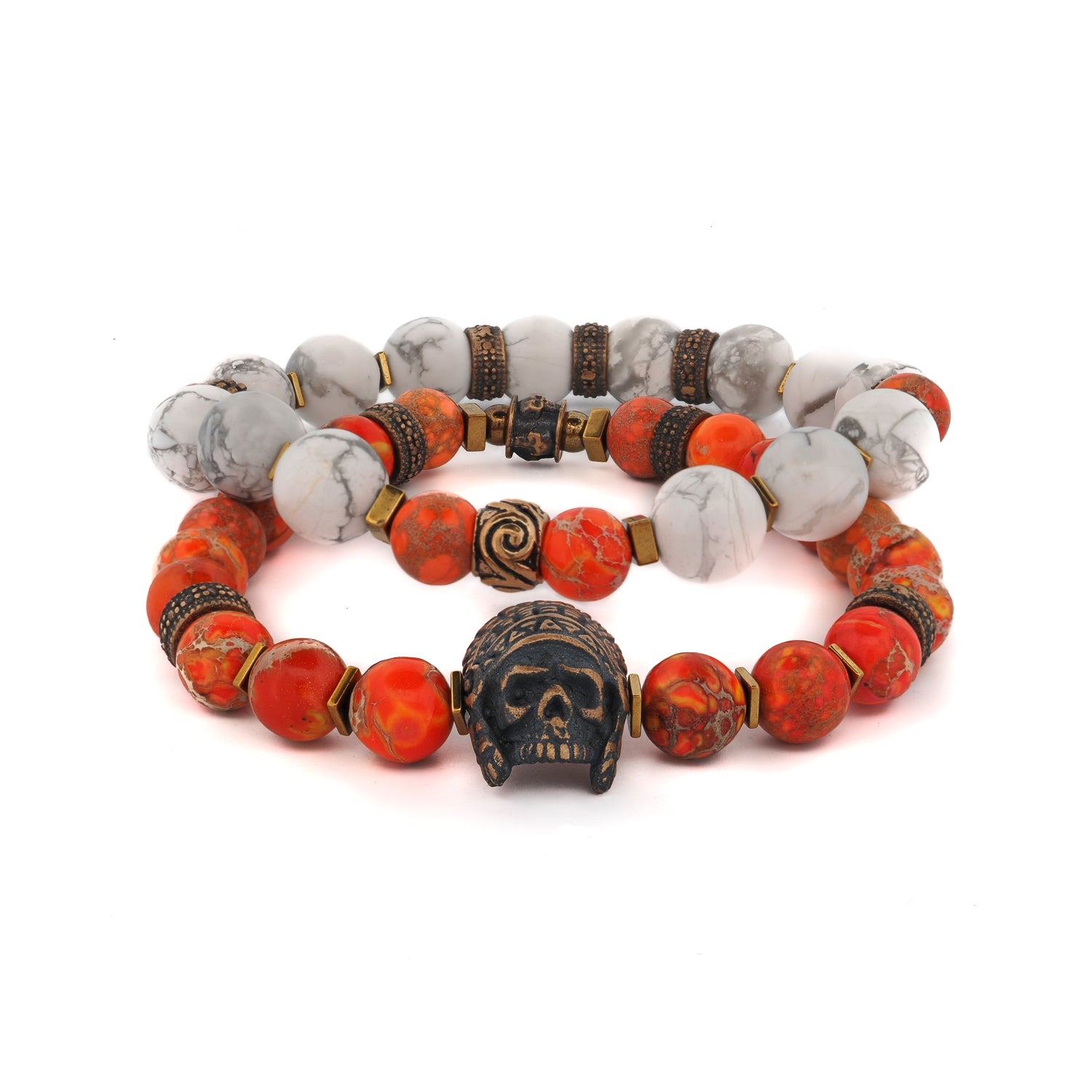 Warrior Soul Bronze Indian Chief & Jasper Beaded Bracelet Set