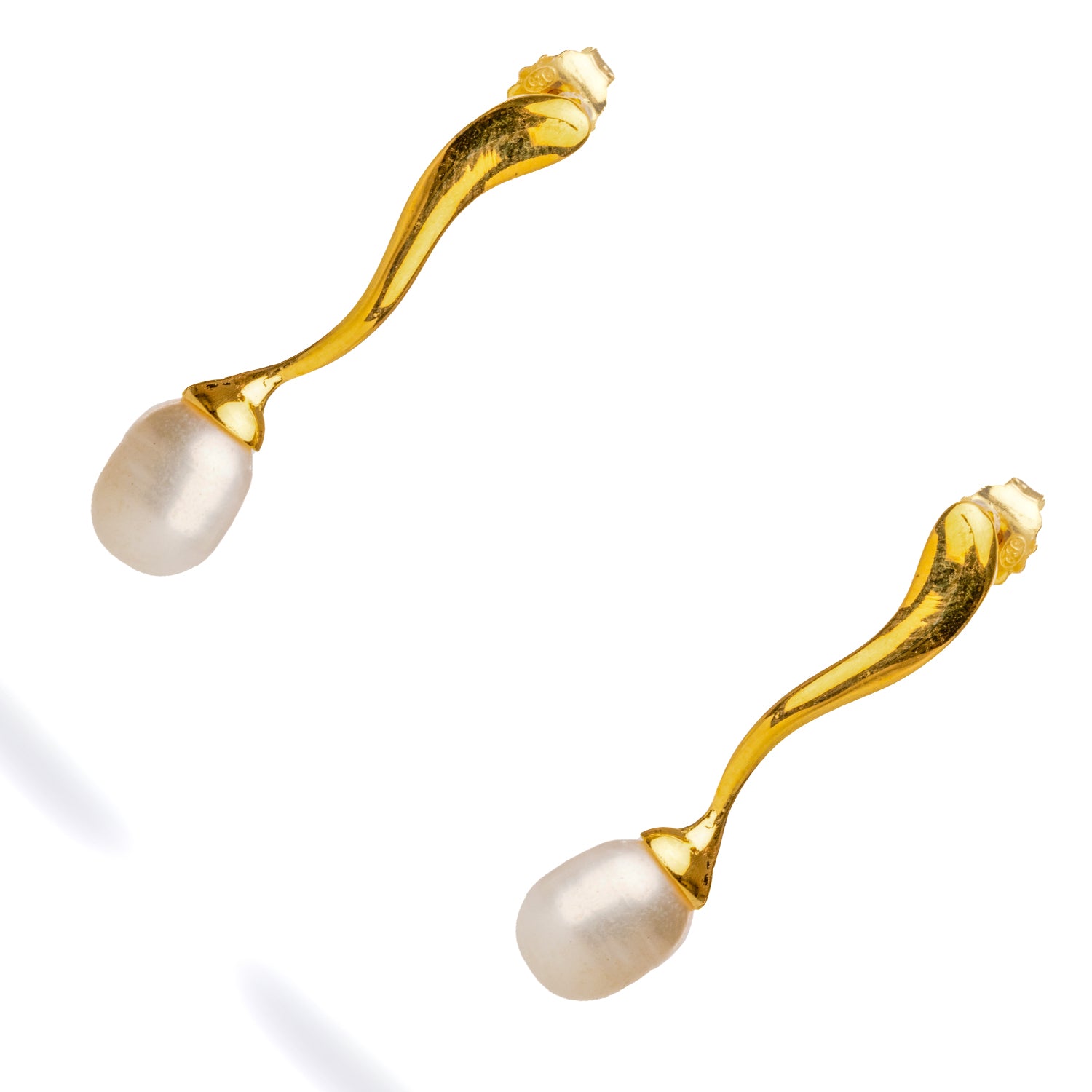 Handmade 18K Gold-Plated Earrings with Wave Shape and Delicate Pearl Drop