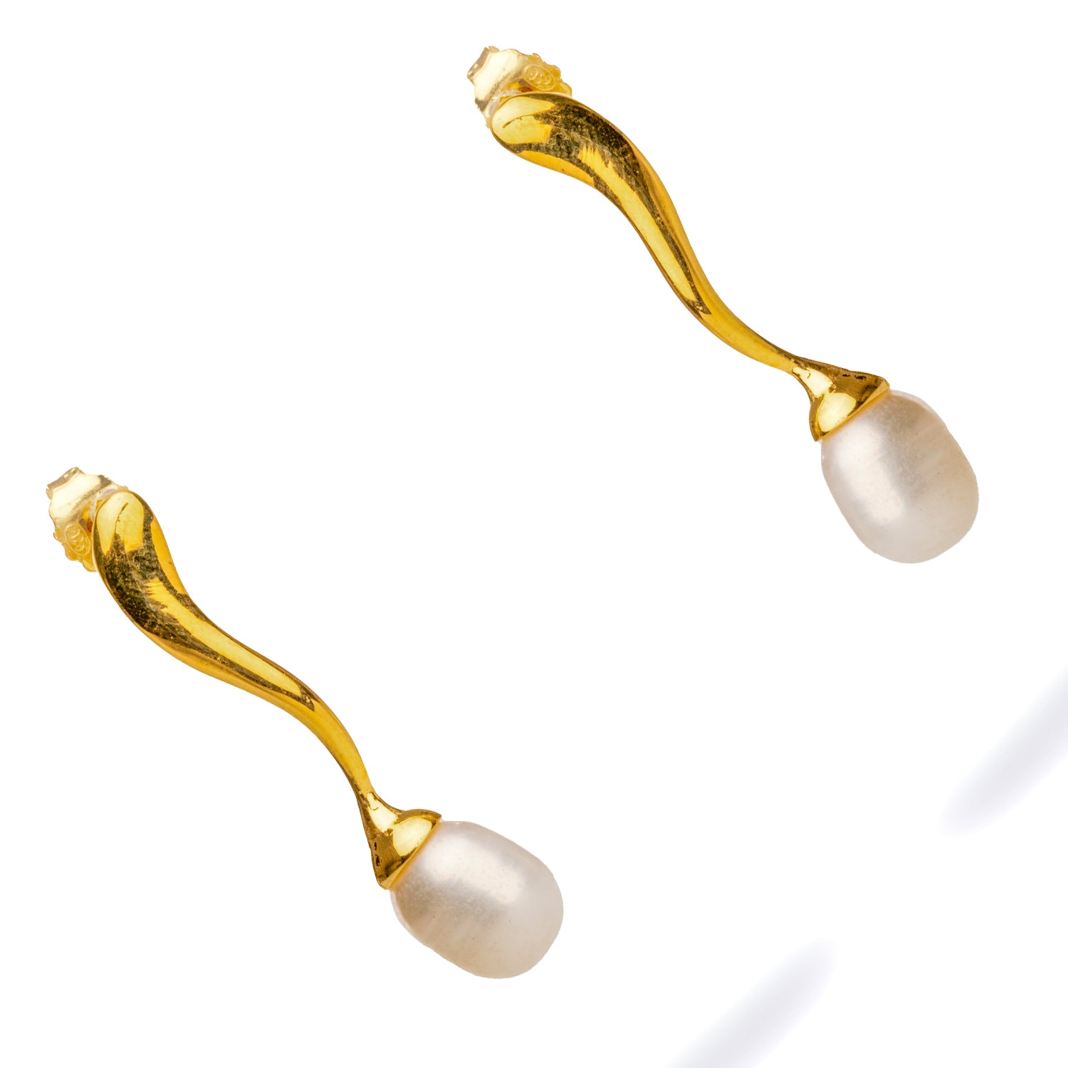 Wave Shaped Gold Vermeil Earrings with Pearl Drop for a Chic and Modern Look