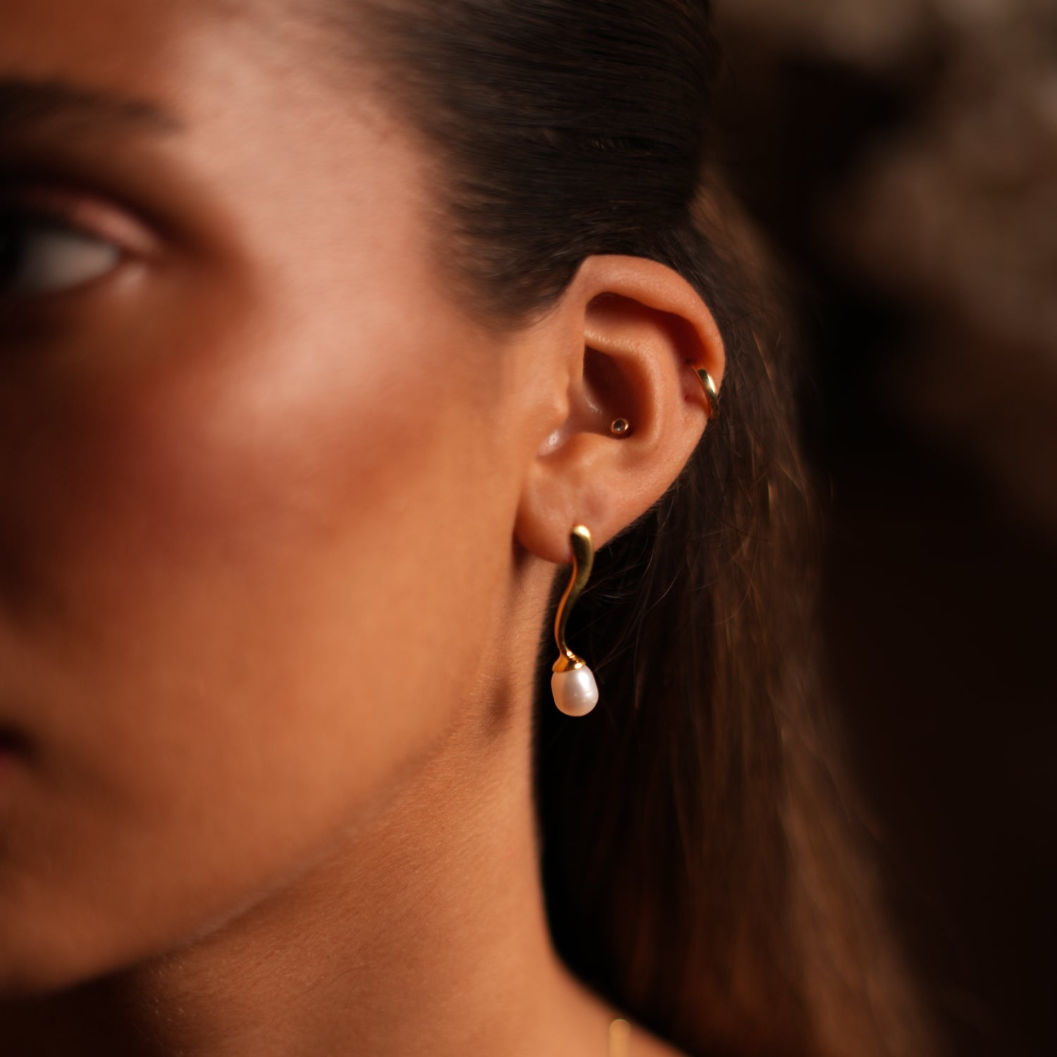 Gold Vermeil Wave Design Earrings with Drop Pearl for a Touch of Luxury
