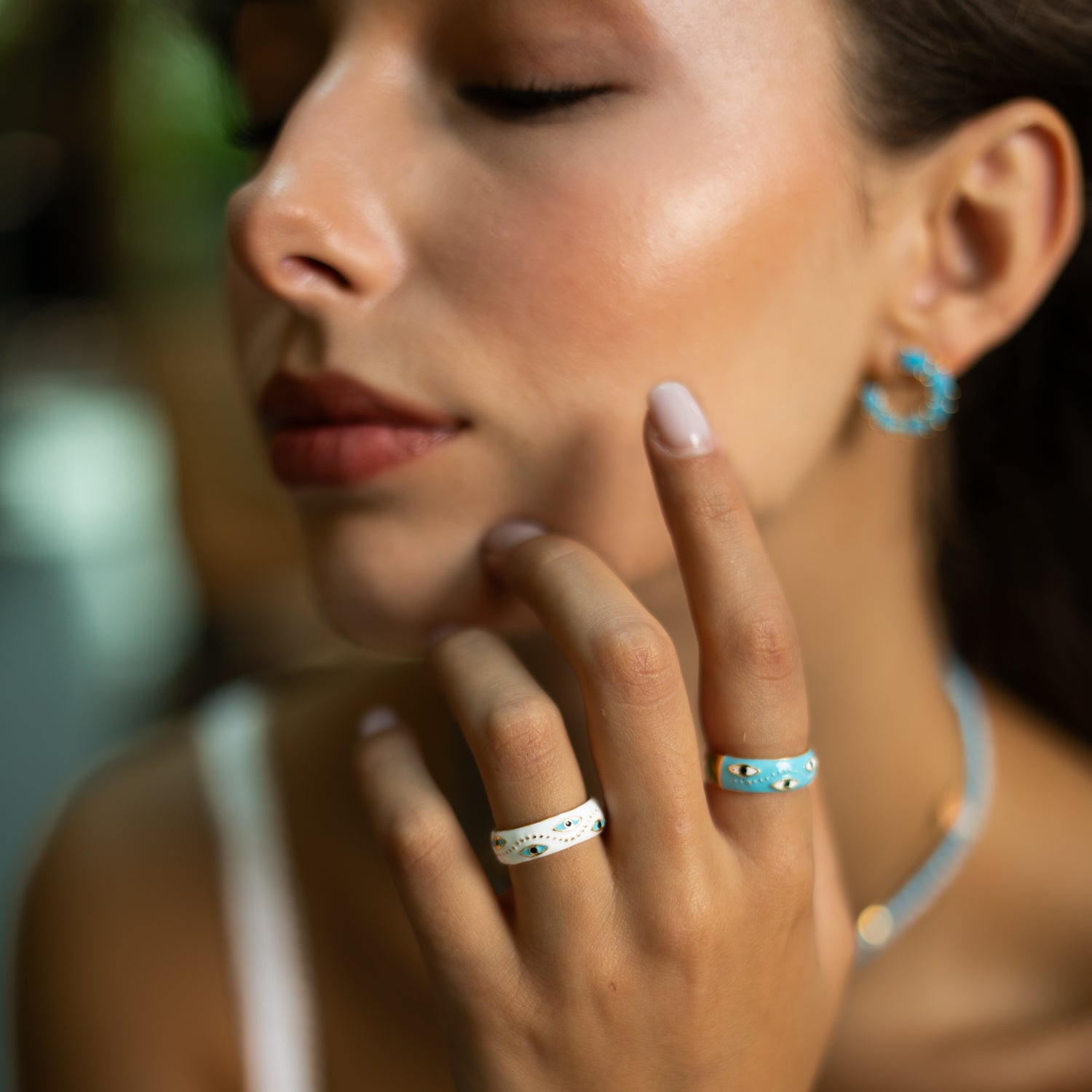 White Enamel Evil Eye Gold Adjustable Band Ring