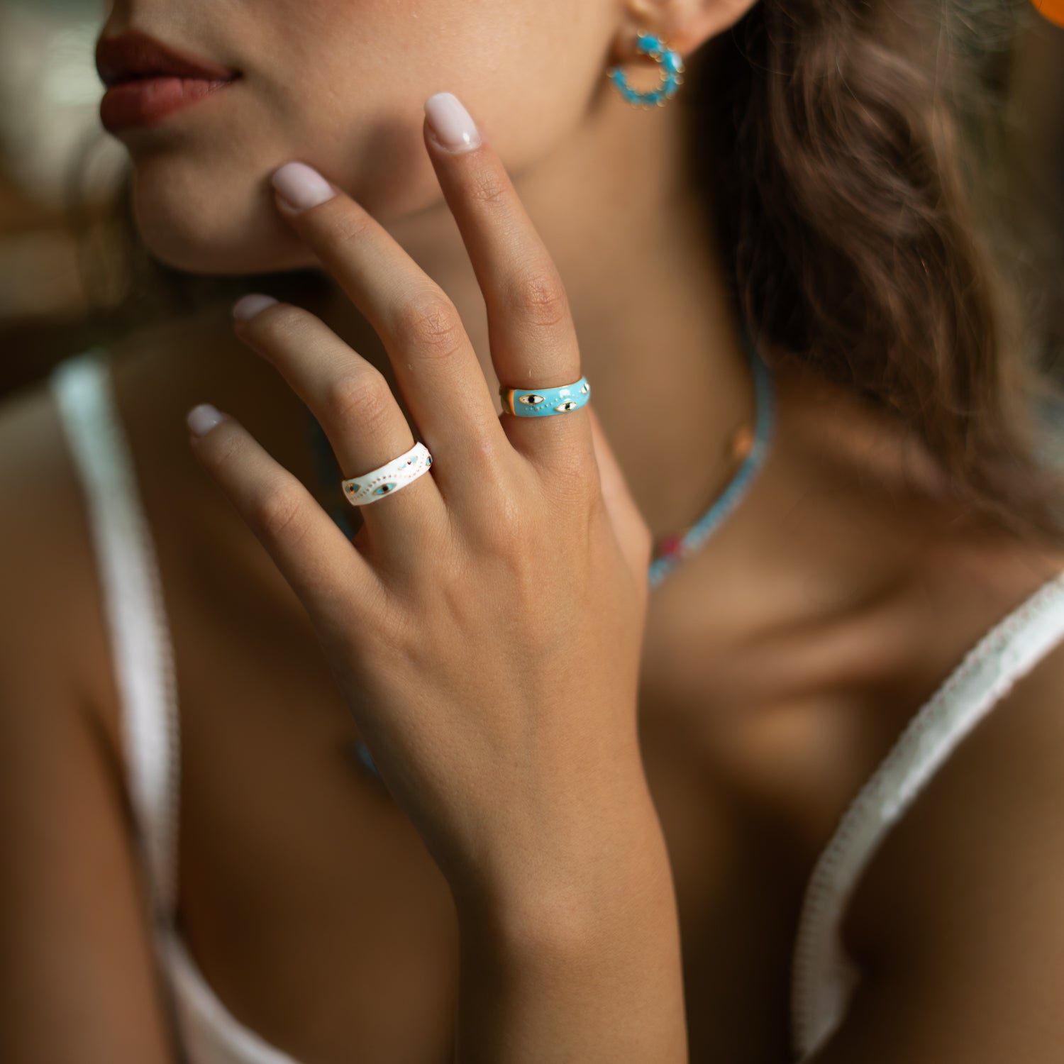White Enamel Evil Eye Gold Adjustable Band Ring