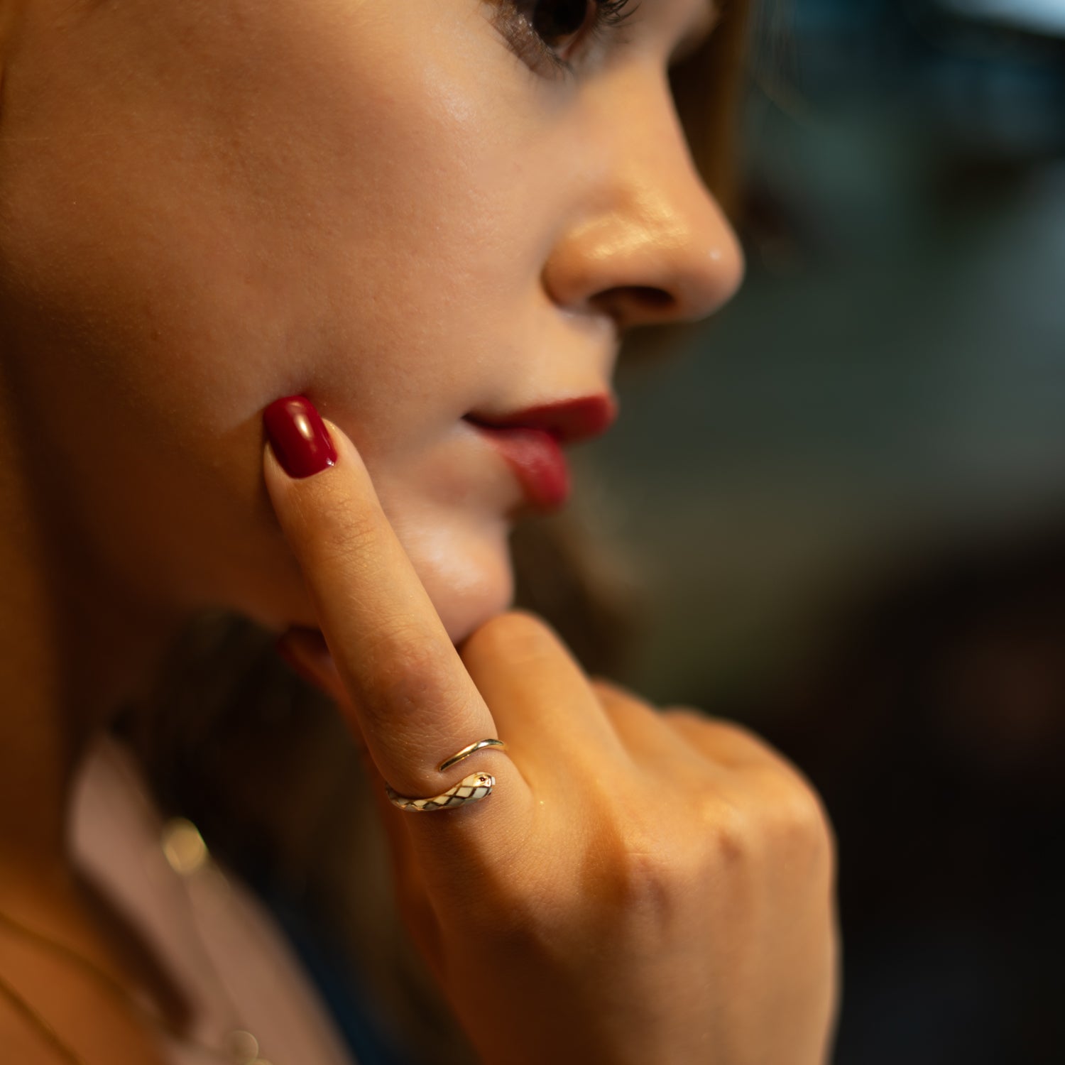 White Enamel Gold Snake Ring