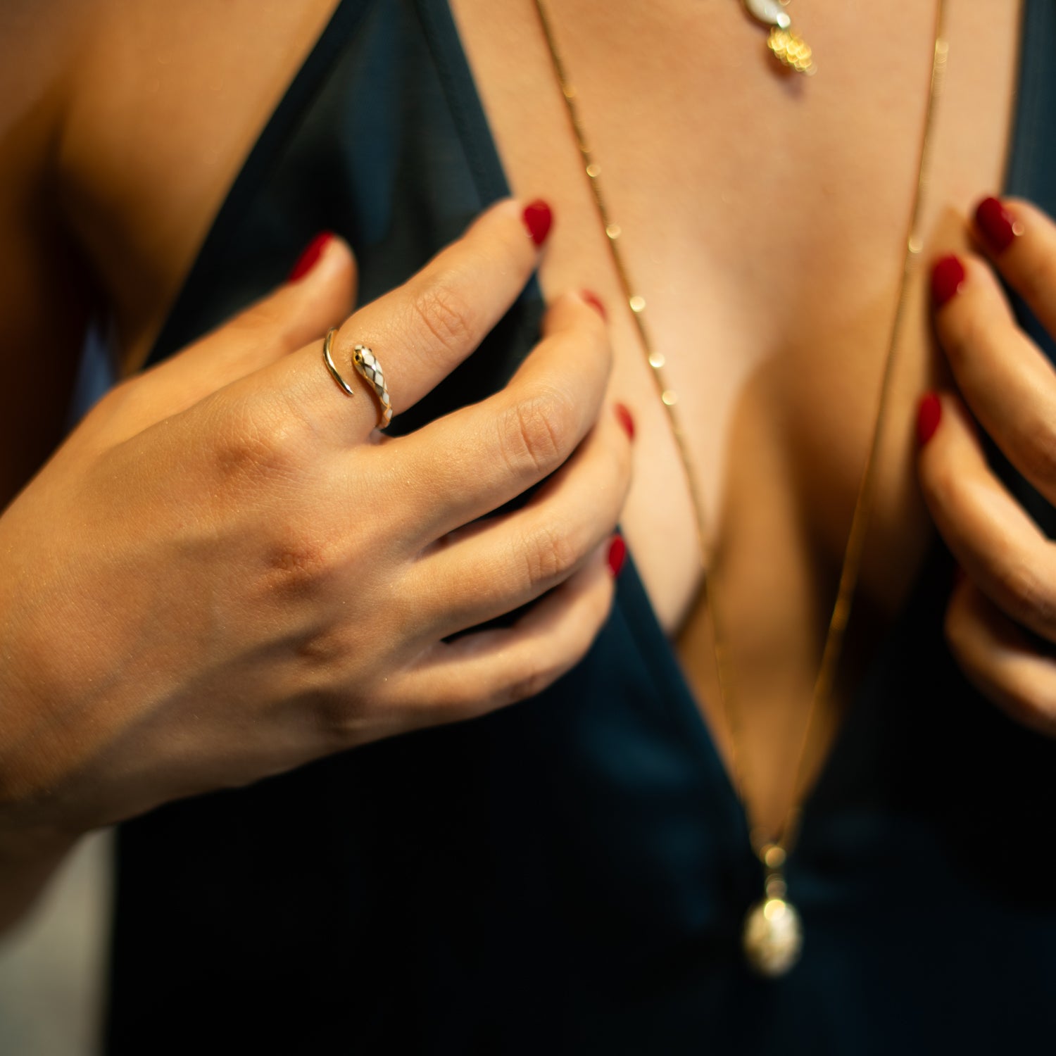 White Enamel Gold Snake Ring