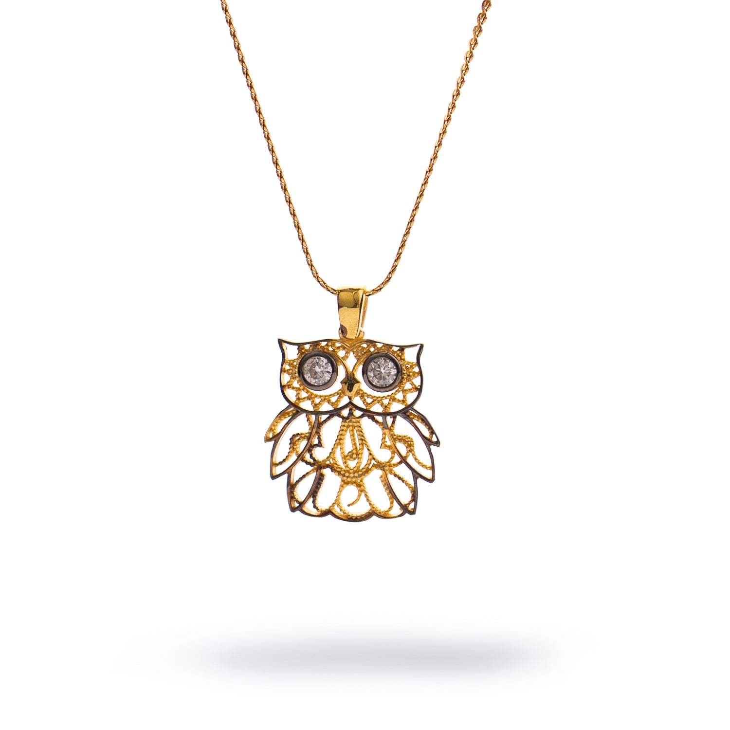 Wisdom Owl Diamond Eyes Gold Necklace