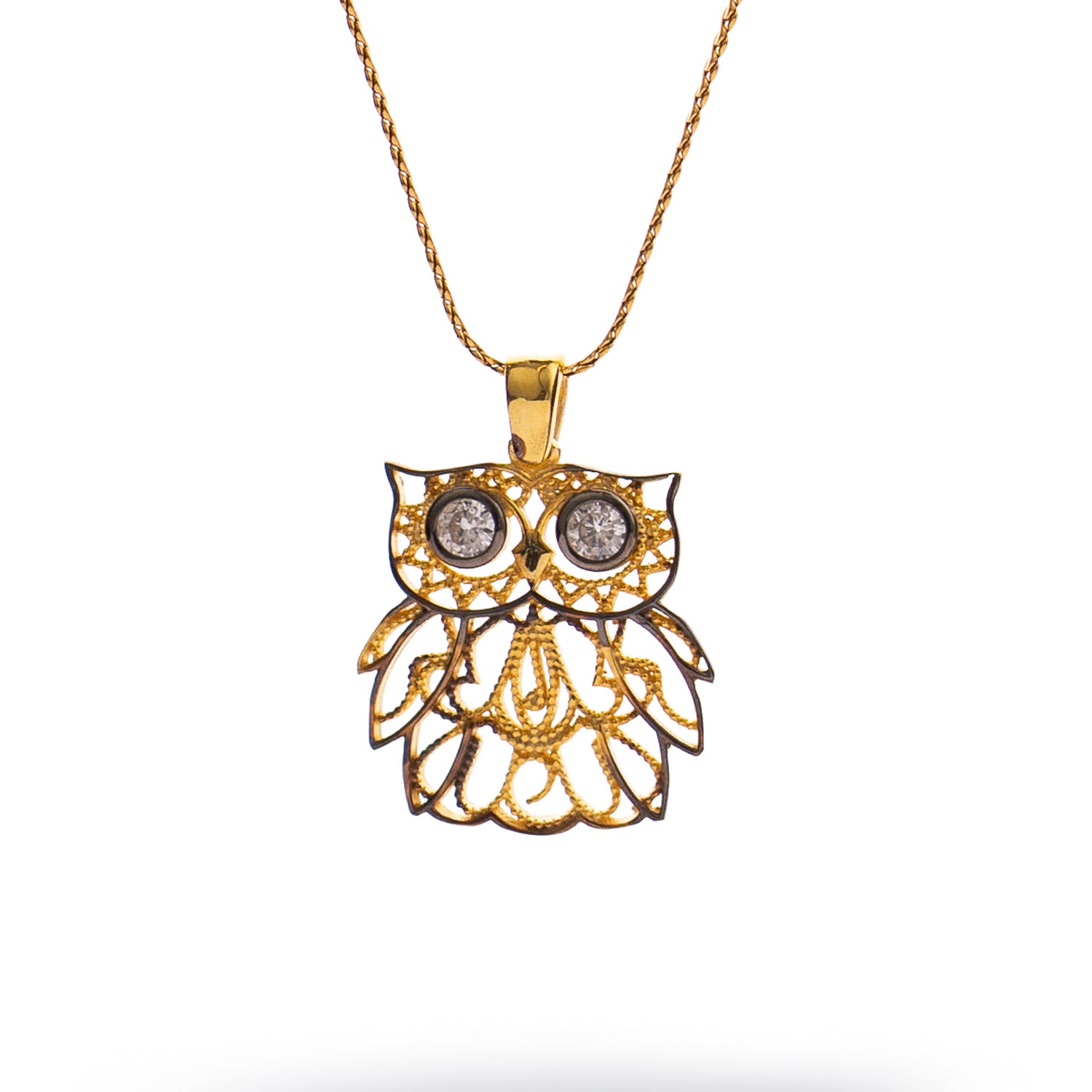 Wisdom Owl Diamond Eyes Gold Necklace