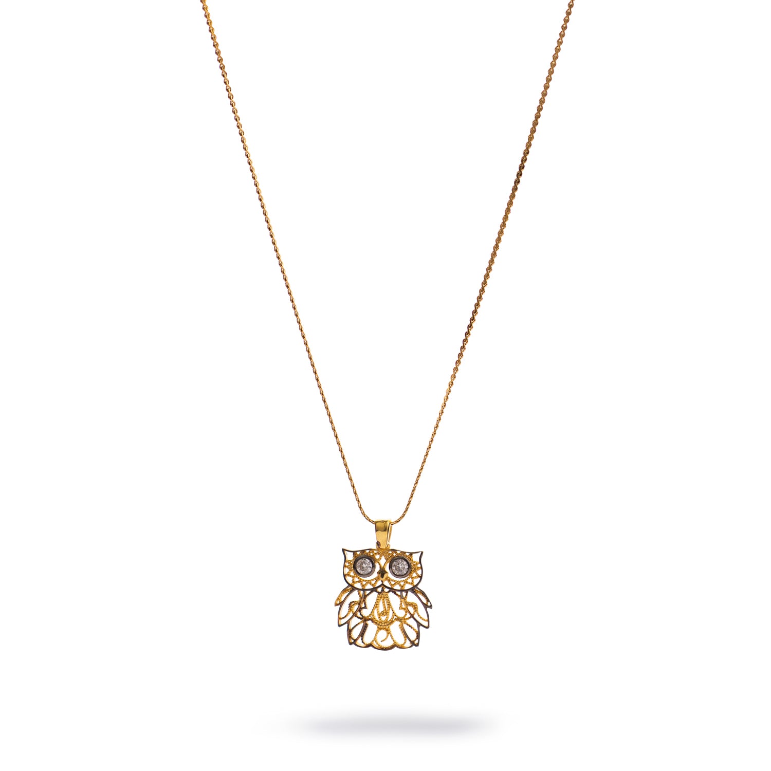 Wisdom Owl Diamond Eyes Gold Necklace