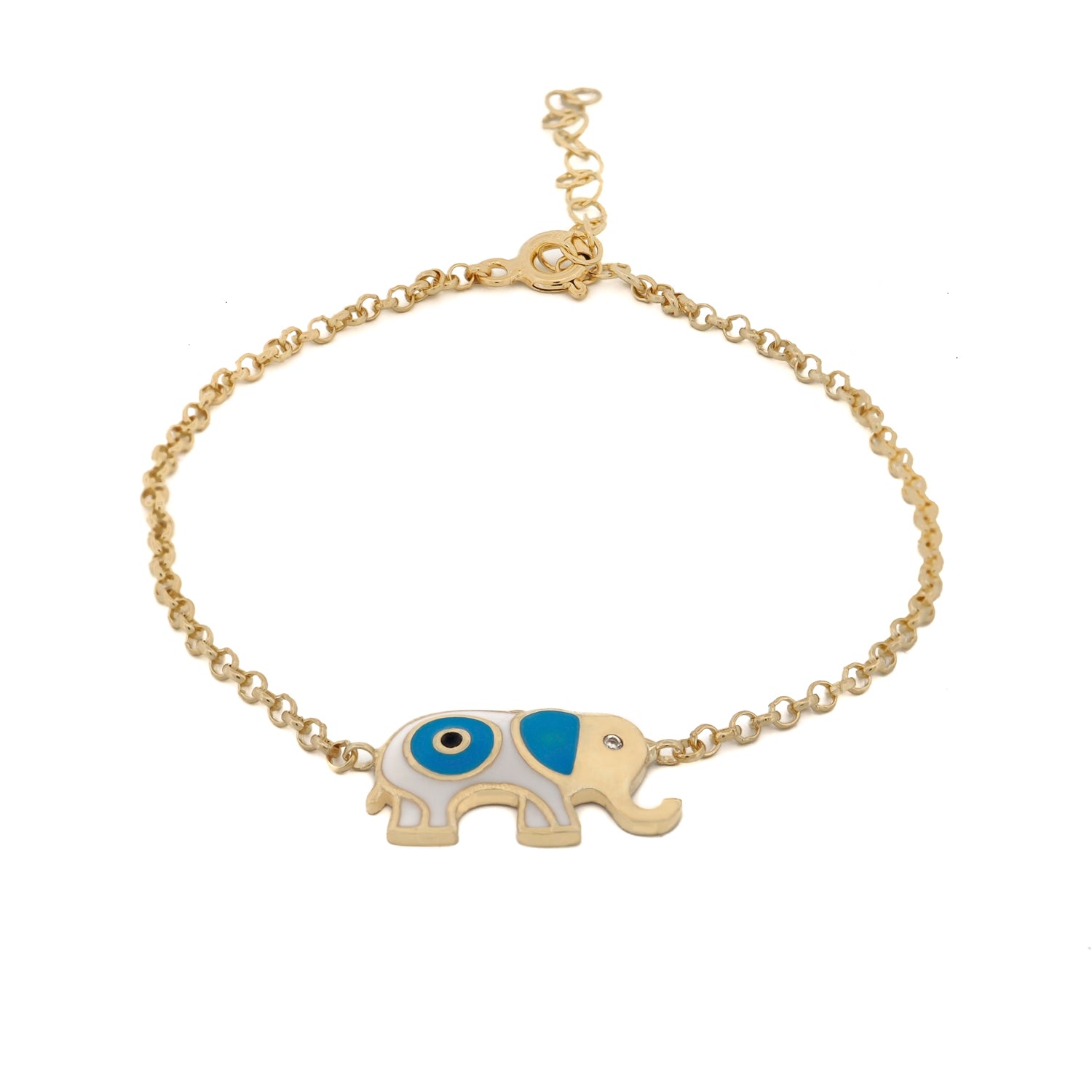 Wishful Elephant & Evil Eye Blue Enamel Gold Chain Bracelet for Protection and Luck