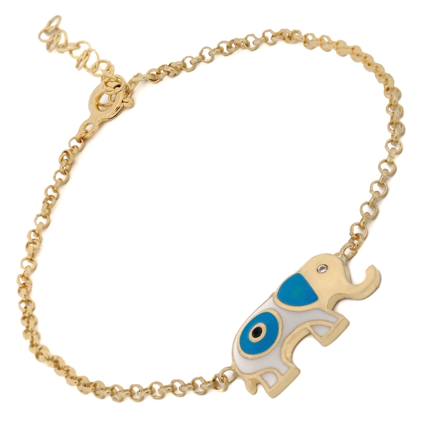 18K Gold-Plated Elephant Charm Bracelet with Blue and White Enamel for Good Fortune